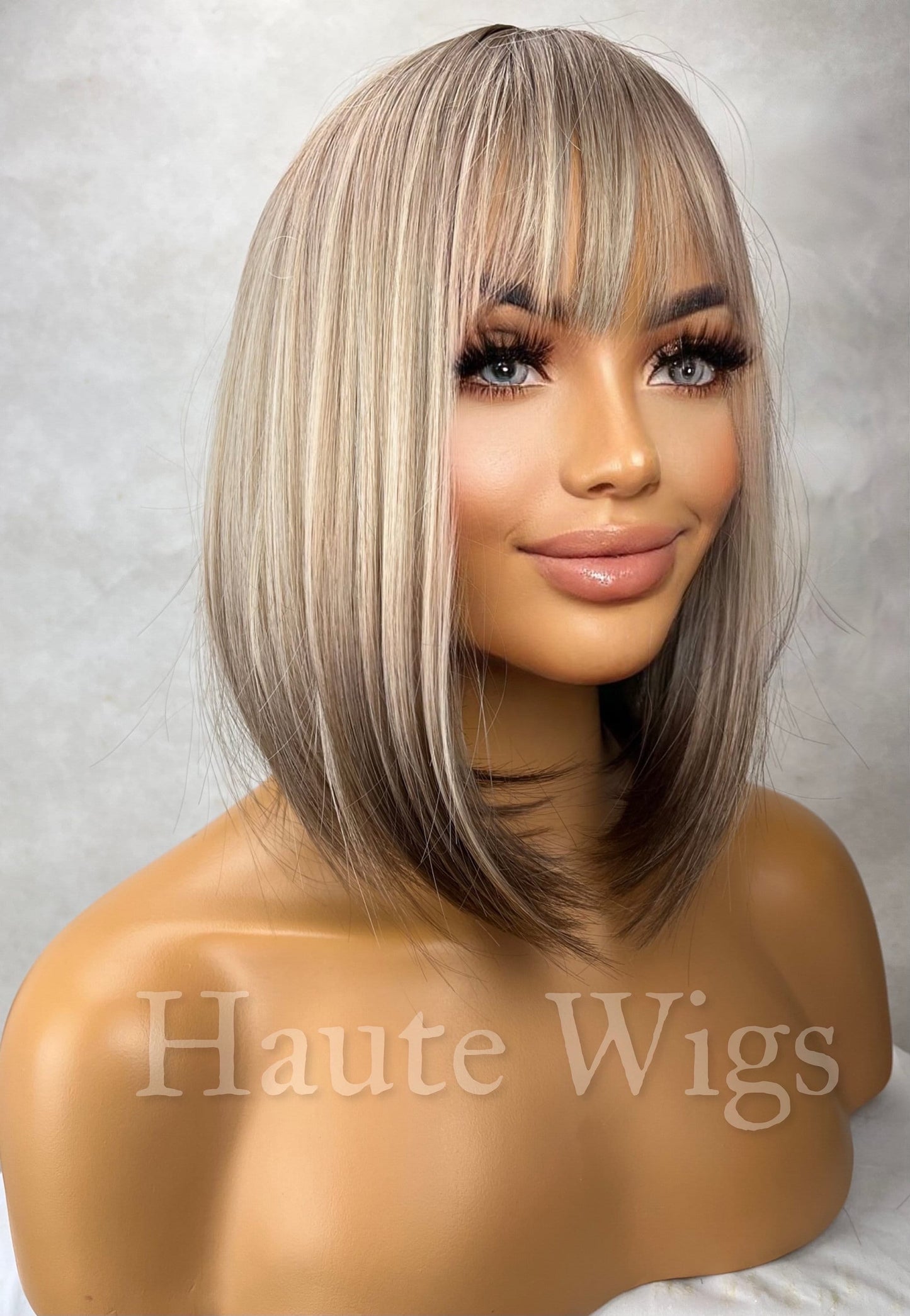 Brondesbury - 12 Inch Short Bob Ombre Light Ash Brown Blonde with Chocolate Brown Ends Dip Dye Wig straight low density Bangs / Fringe