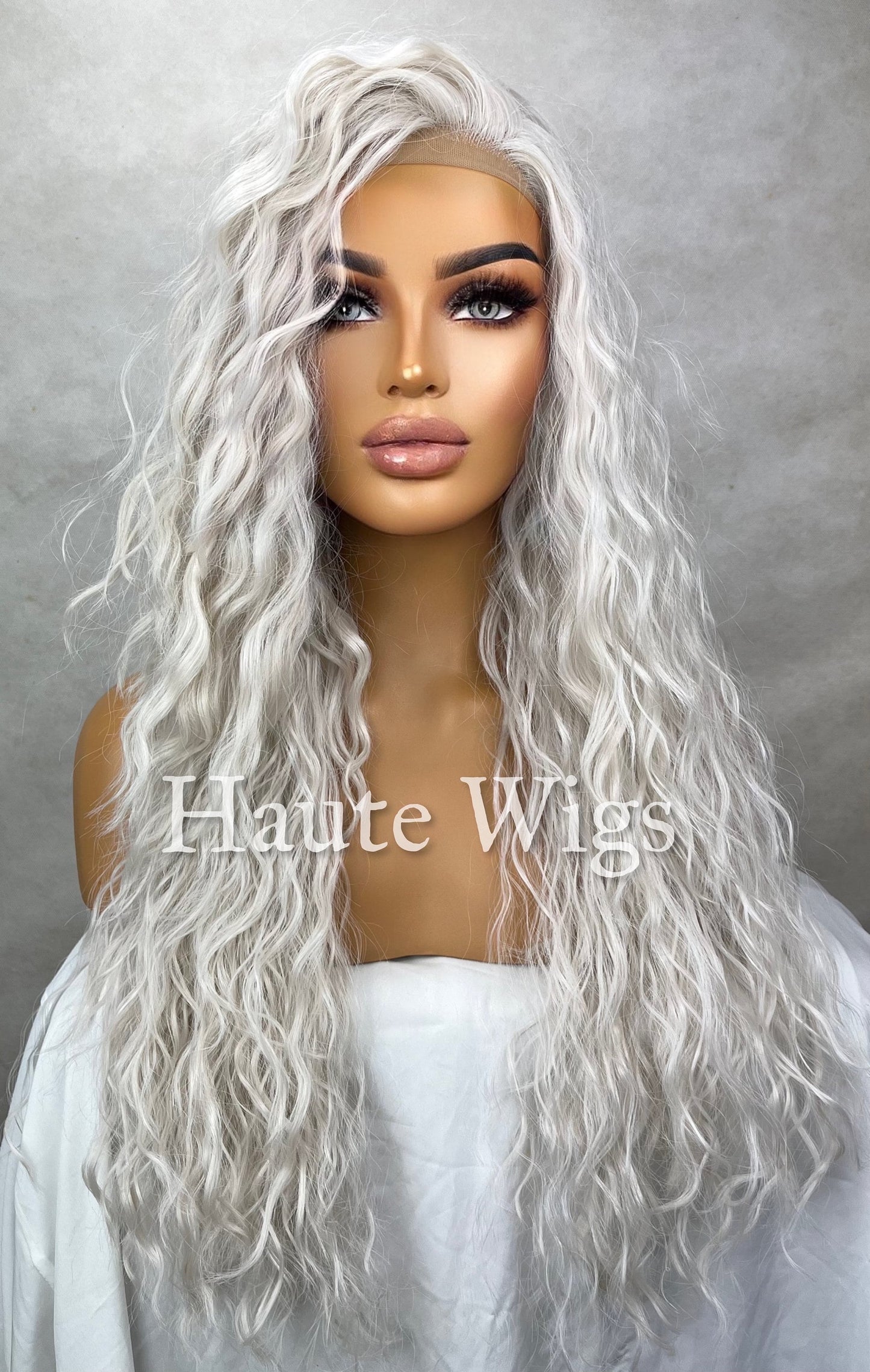 Ethereal - Ash Platinum Blonde 26 Inch Long Wig Wavy Lace front diffused curly wavy wet look hair Womens Gift for her haute wigs