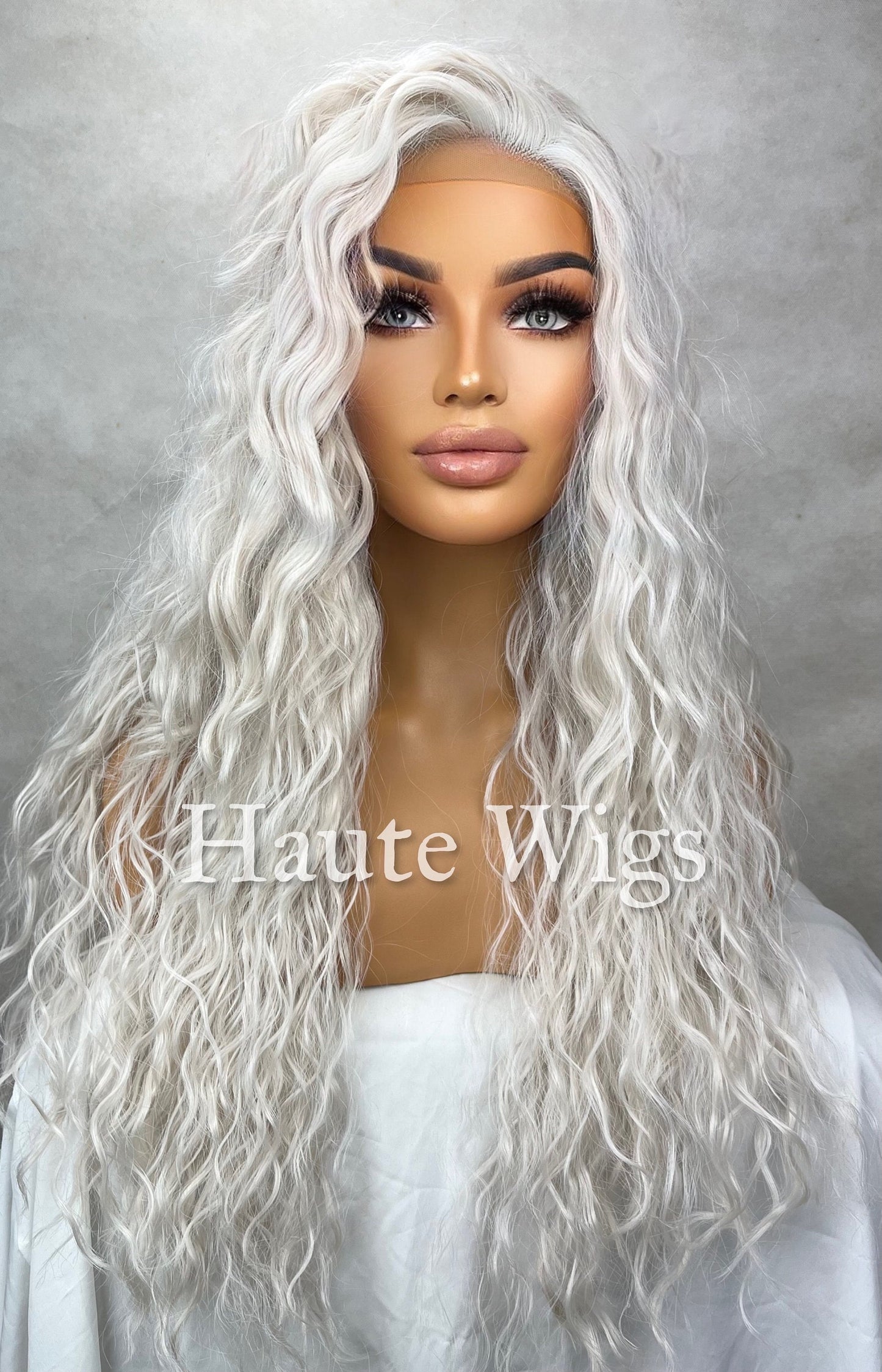 Ethereal - Ash Platinum Blonde 26 Inch Long Wig Wavy Lace front diffused curly wavy wet look hair Womens Gift for her haute wigs