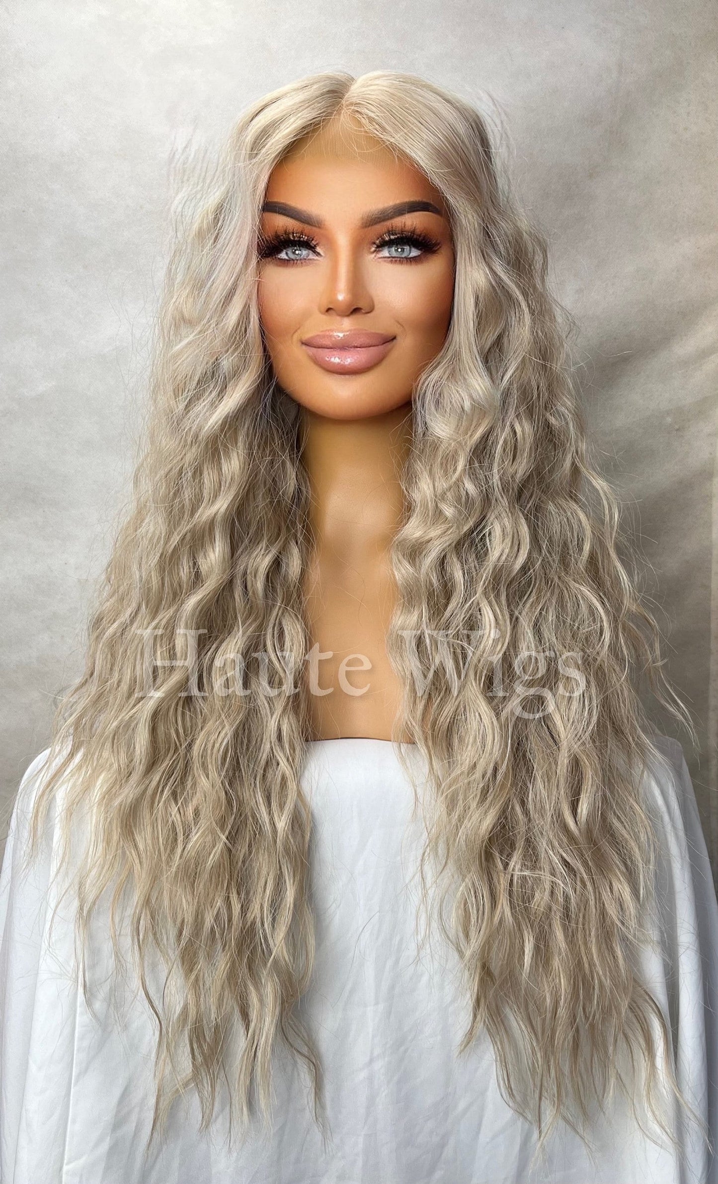 Rio - Wavy 30 inch Light COOL Tone Ash Blonde Wig No ombré Womens Long Wig Lace Front Realistic Human Hair Blends Ladies Wig Gift