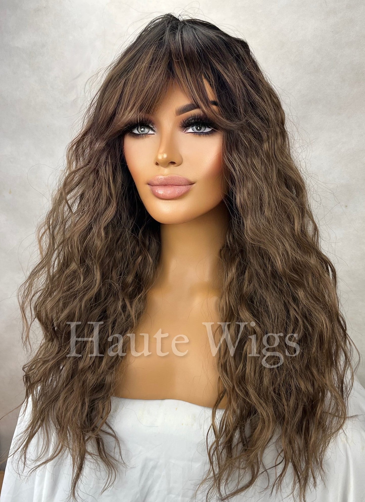 Good Vibes - Wavy 22 Inches Womens Brunette Brown Ombre Bangs Fringe Natural Wig Ladies Wavy Curly Brazilian Style Wigs