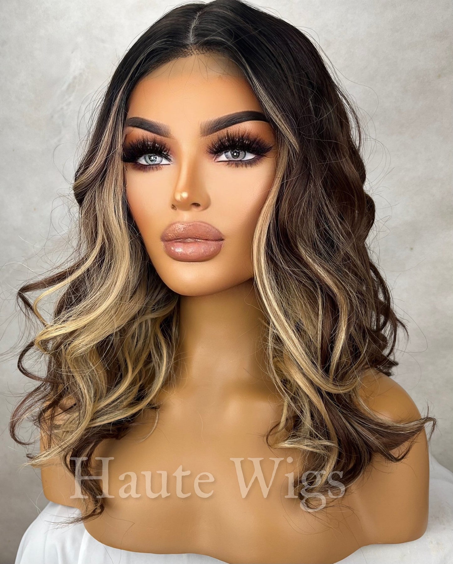 Phenomenal - 14 inch Money Piece Brunette Brown Wig Warm honey Blonde Highlights Hair Lace Front Straight Blonde Streaks Human Hair Blends