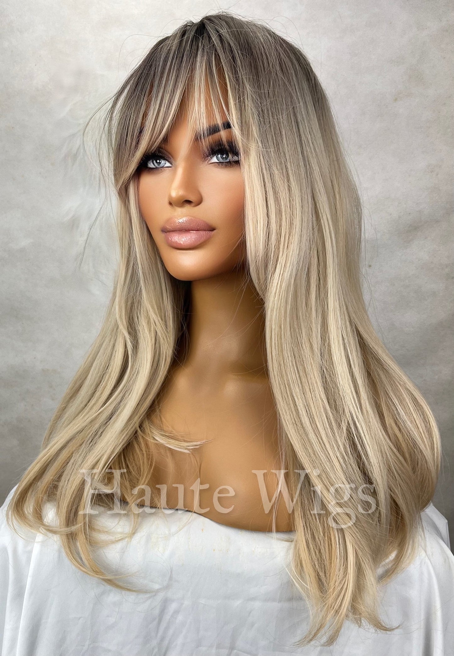 Beautiful Stranger - Blonde With Dark Brown Roots Balayage Highlights 20 Inch Wig Straight Layered NO Lace Front bangs Wig Gift for her