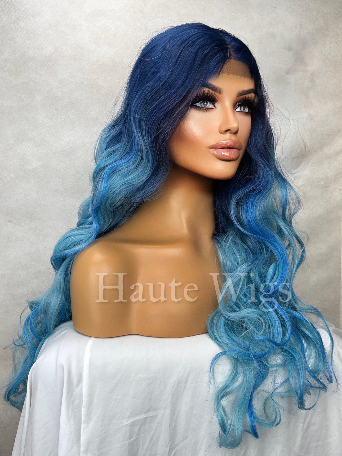 Caribbean Blue - Ombre Wavy Dark Sea Aqua Blue Wig Lace Front Free Part Human Hair Blends Wig Ladies Womens Center Parting Curly Wig