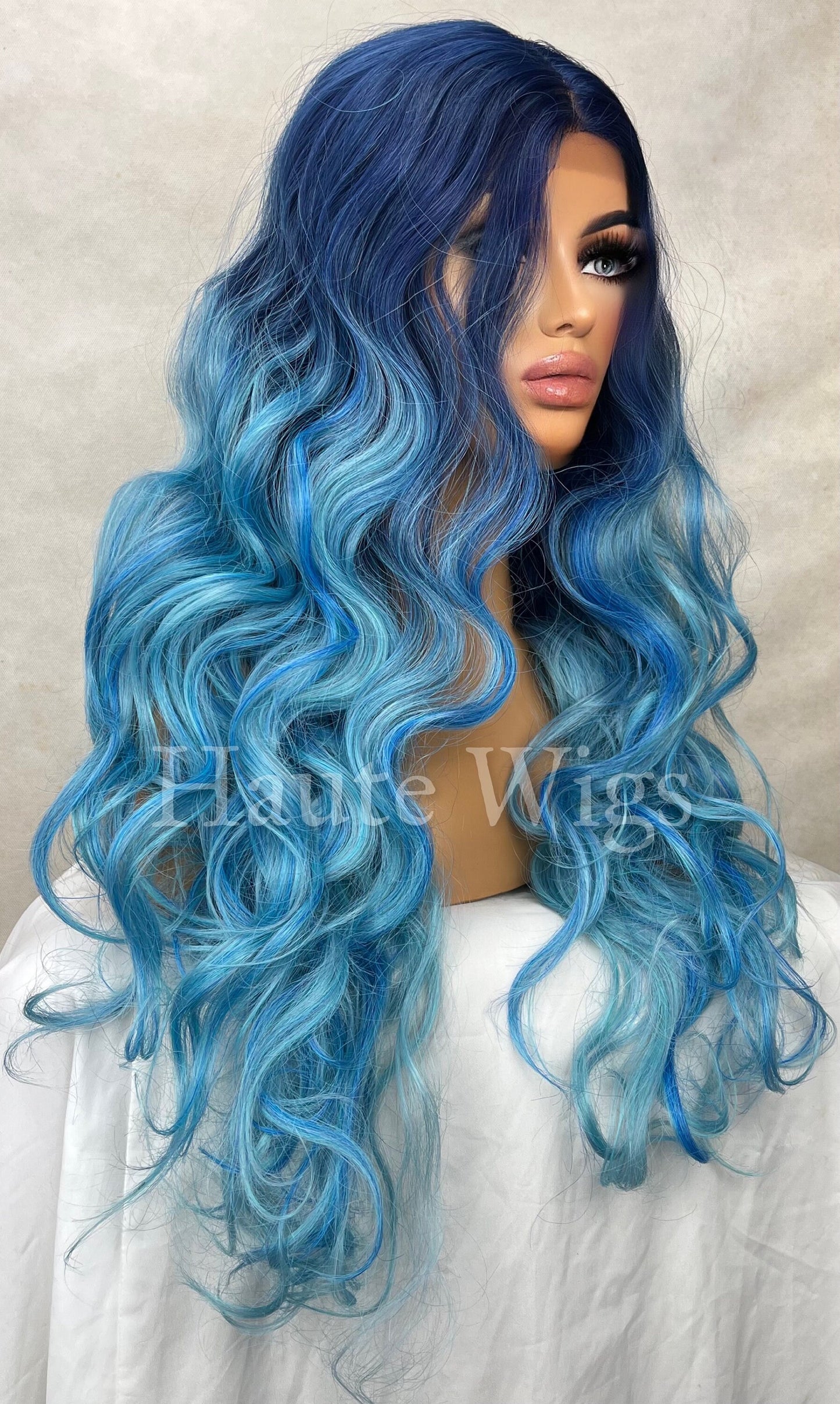 Caribbean Blue - Ombre Wavy Dark Sea Aqua Blue Wig Lace Front Free Part Human Hair Blends Wig Ladies Womens Center Parting Curly Wig