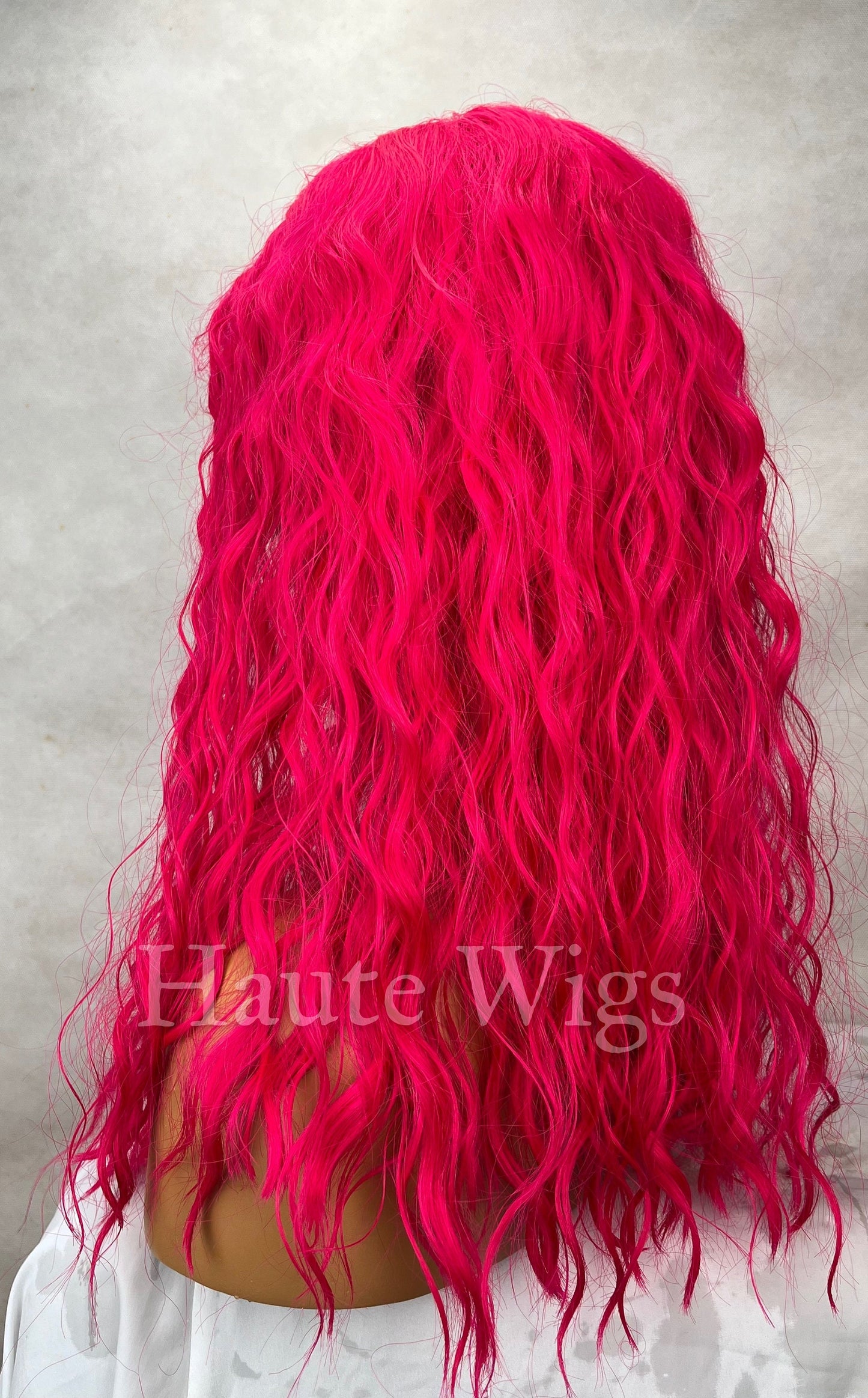 Shocking Pink - 20 Inch Long Bright Neon Pink Wig Womens Ladies Lace Front Human Hair Synthetic Blend Wigs Center Parting Wavy Role Play