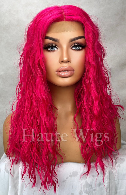 Shocking Pink - 20 Inch Long Bright Neon Pink Wig Womens Ladies Lace Front Human Hair Synthetic Blend Wigs Center Parting Wavy Role Play