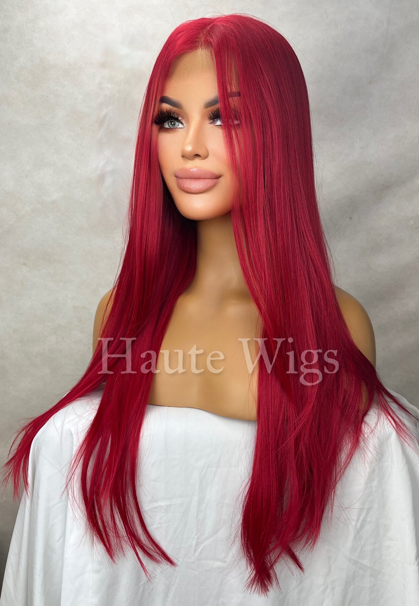 Cherry Sucker - 26 Inch Bright Red Wig Long Straight Womens Wig Human Hair Blends Lace Front Wigs Center Parting Realistic