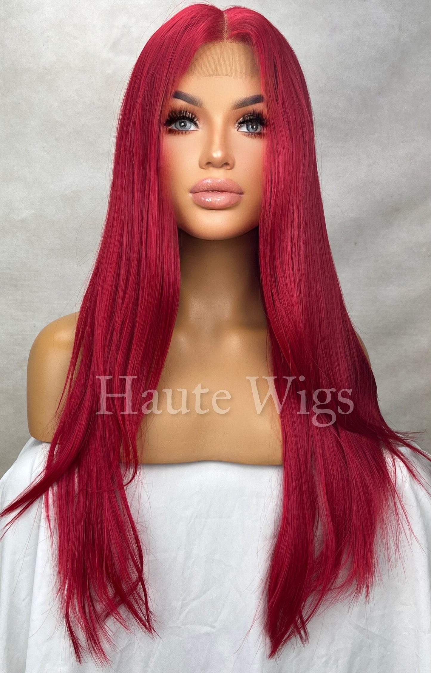 Cherry Sucker - 26 Inch Bright Red Wig Long Straight Womens Wig Human Hair Blends Lace Front Wigs Center Parting Realistic