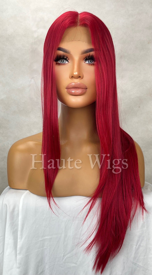 Cherry Sucker - 26 Inch Bright Red Wig Long Straight Womens Wig Human Hair Blends Lace Front Wigs Center Parting Realistic