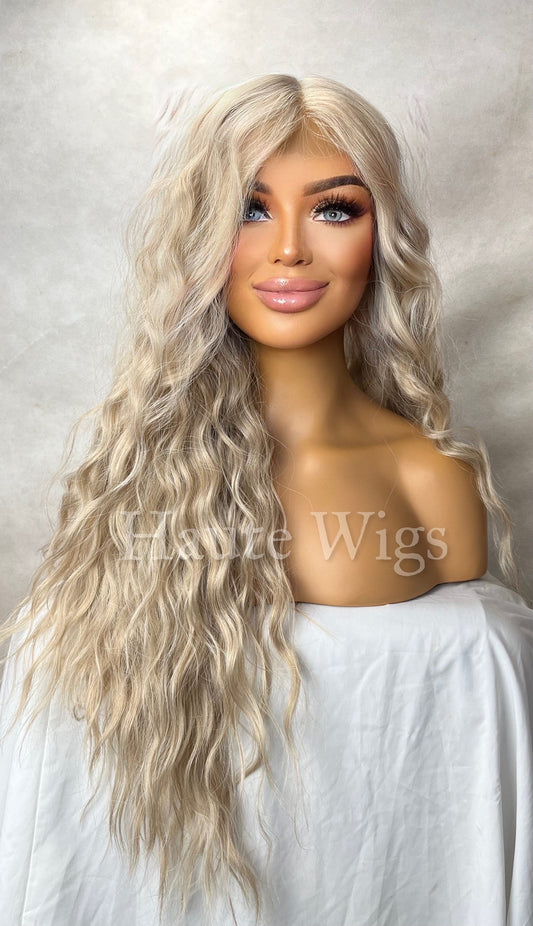 Rio - Wavy 30 inch Light COOL Tone Ash Blonde Wig No ombré Womens Long Wig Lace Front Realistic Human Hair Blends Ladies Wig Gift