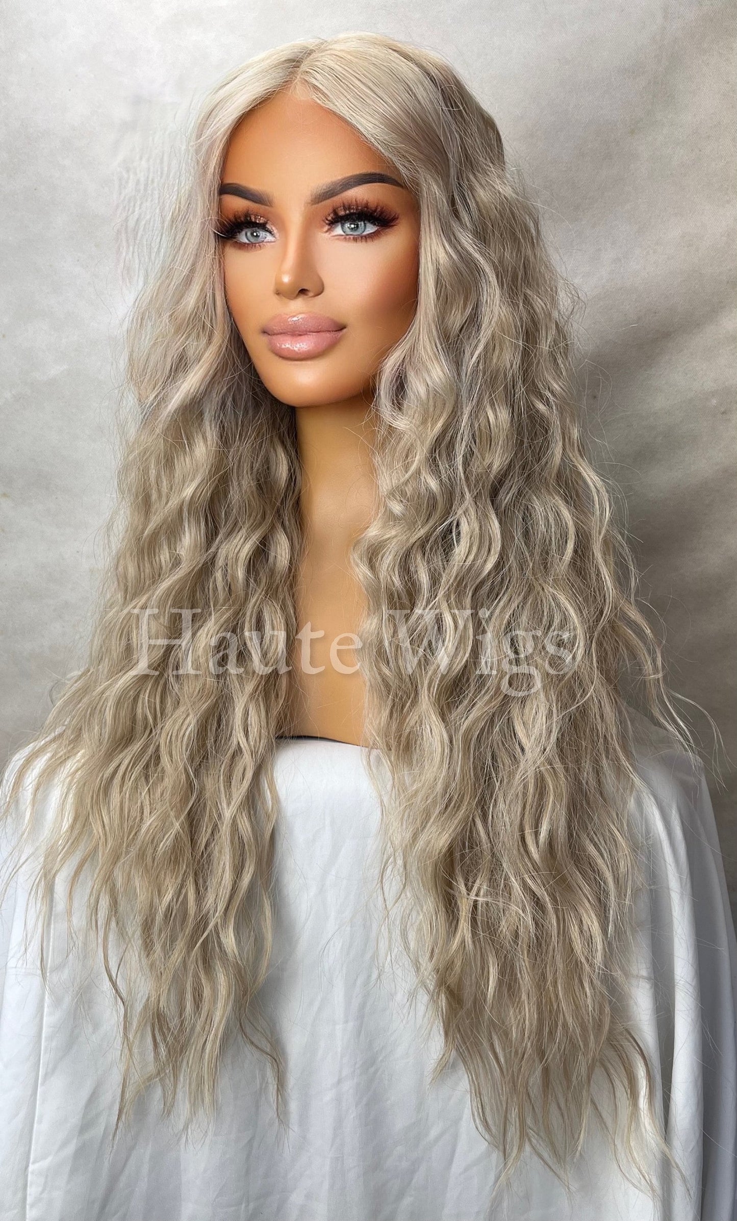 Rio - Wavy 30 inch Light COOL Tone Ash Blonde Wig No ombré Womens Long Wig Lace Front Realistic Human Hair Blends Ladies Wig Gift