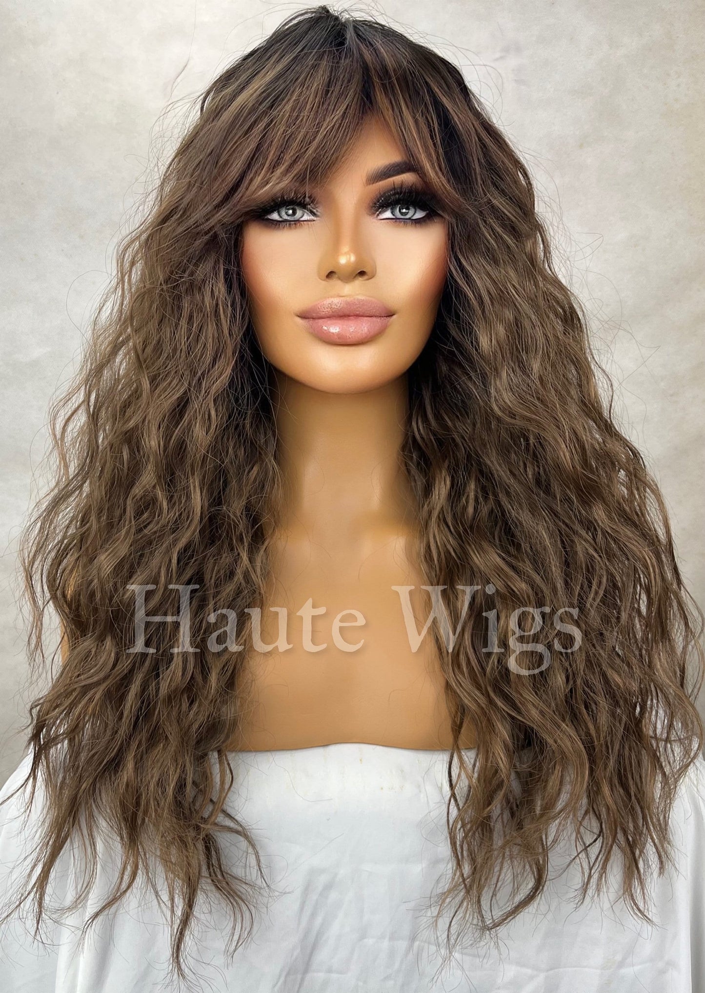 Good Vibes - Wavy 22 Inches Womens Brunette Brown Ombre Bangs Fringe Natural Wig Ladies Wavy Curly Brazilian Style Wigs