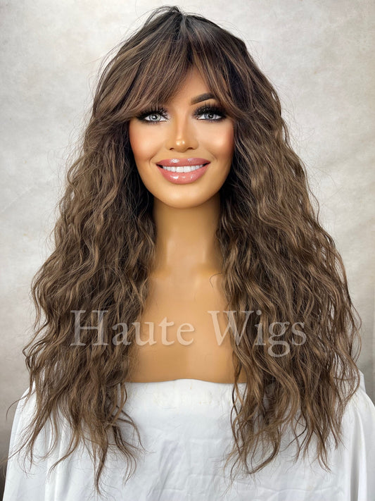 Good Vibes - Wavy 22 Inches Womens Brunette Brown Ombre Bangs Fringe Natural Wig Ladies Wavy Curly Brazilian Style Wigs