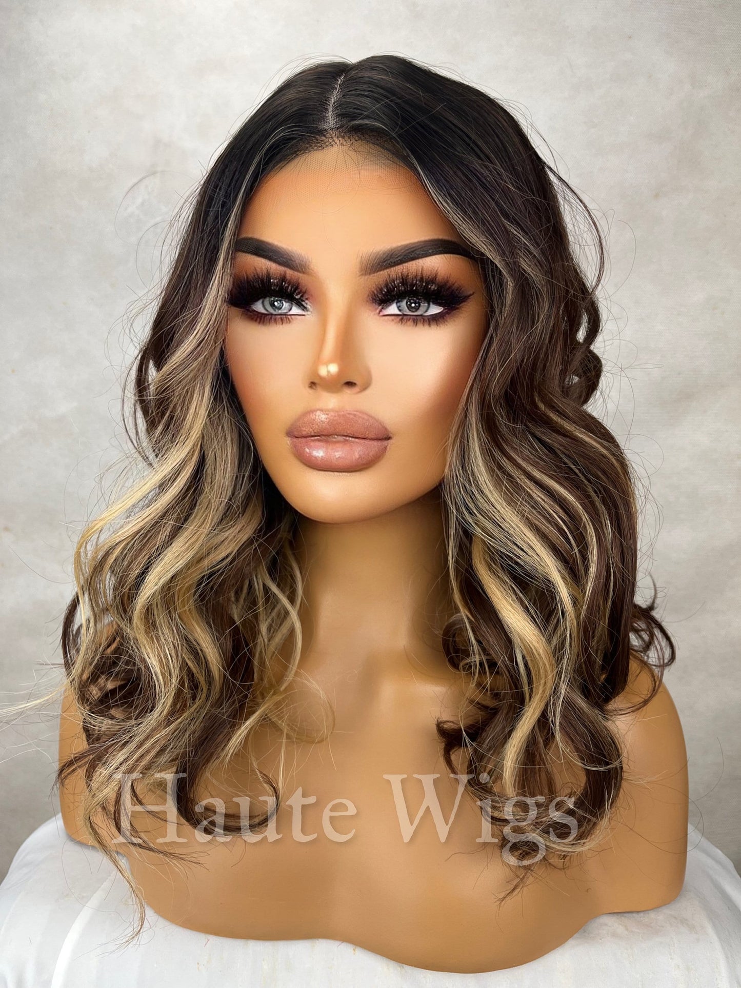 Phenomenal - 14 inch Money Piece Brunette Brown Wig Warm honey Blonde Highlights Hair Lace Front Straight Blonde Streaks Human Hair Blends