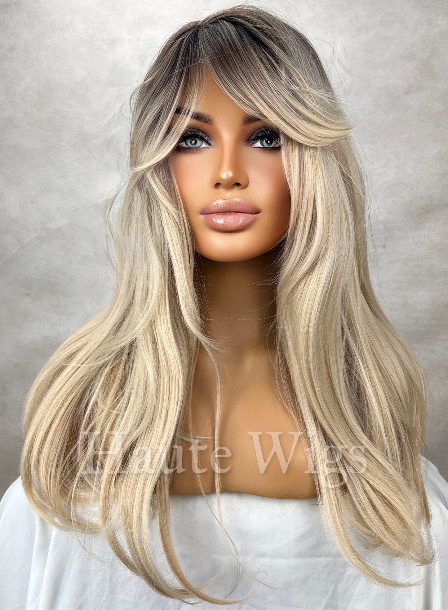 Beautiful Stranger - Blonde With Dark Brown Roots Balayage Highlights 20 Inch Wig Straight Layered NO Lace Front bangs Wig Gift for her