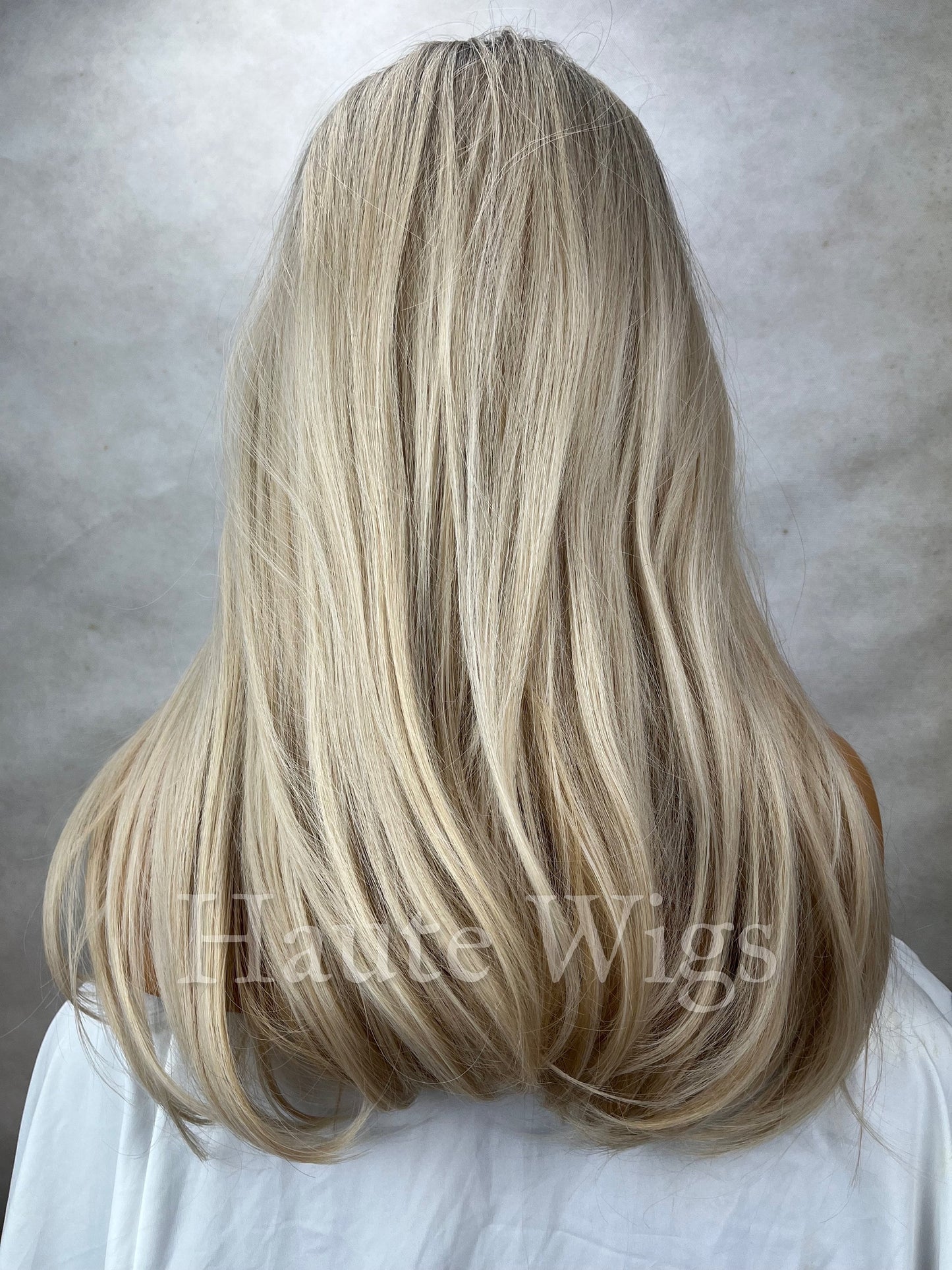 Beautiful Stranger - Blonde With Dark Brown Roots Balayage Highlights 20 Inch Wig Straight Layered NO Lace Front bangs Wig Gift for her