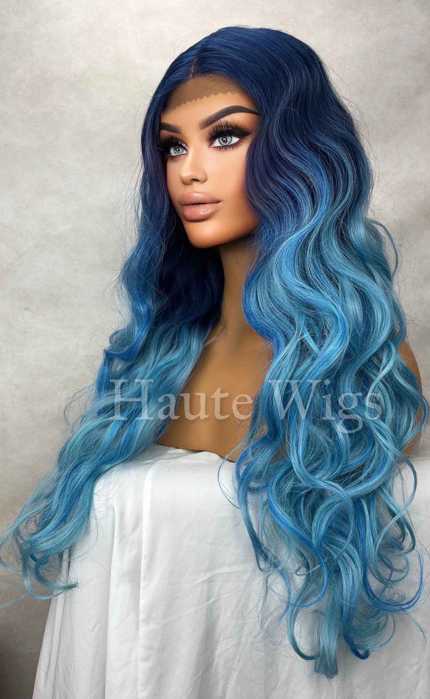 Caribbean Blue - Ombre Wavy Dark Sea Aqua Blue Wig Lace Front Free Part Human Hair Blends Wig Ladies Womens Center Parting Curly Wig