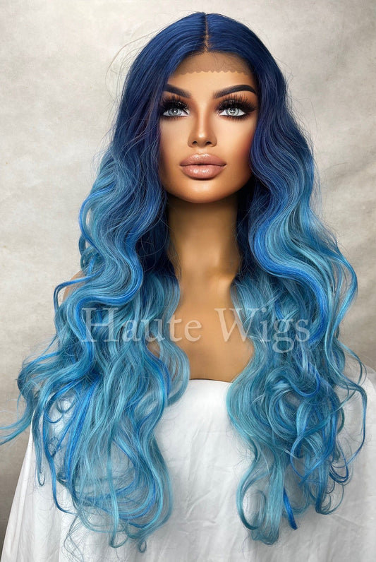 Caribbean Blue - Ombre Wavy Dark Sea Aqua Blue Wig Lace Front Free Part Human Hair Blends Wig Ladies Womens Center Parting Curly Wig