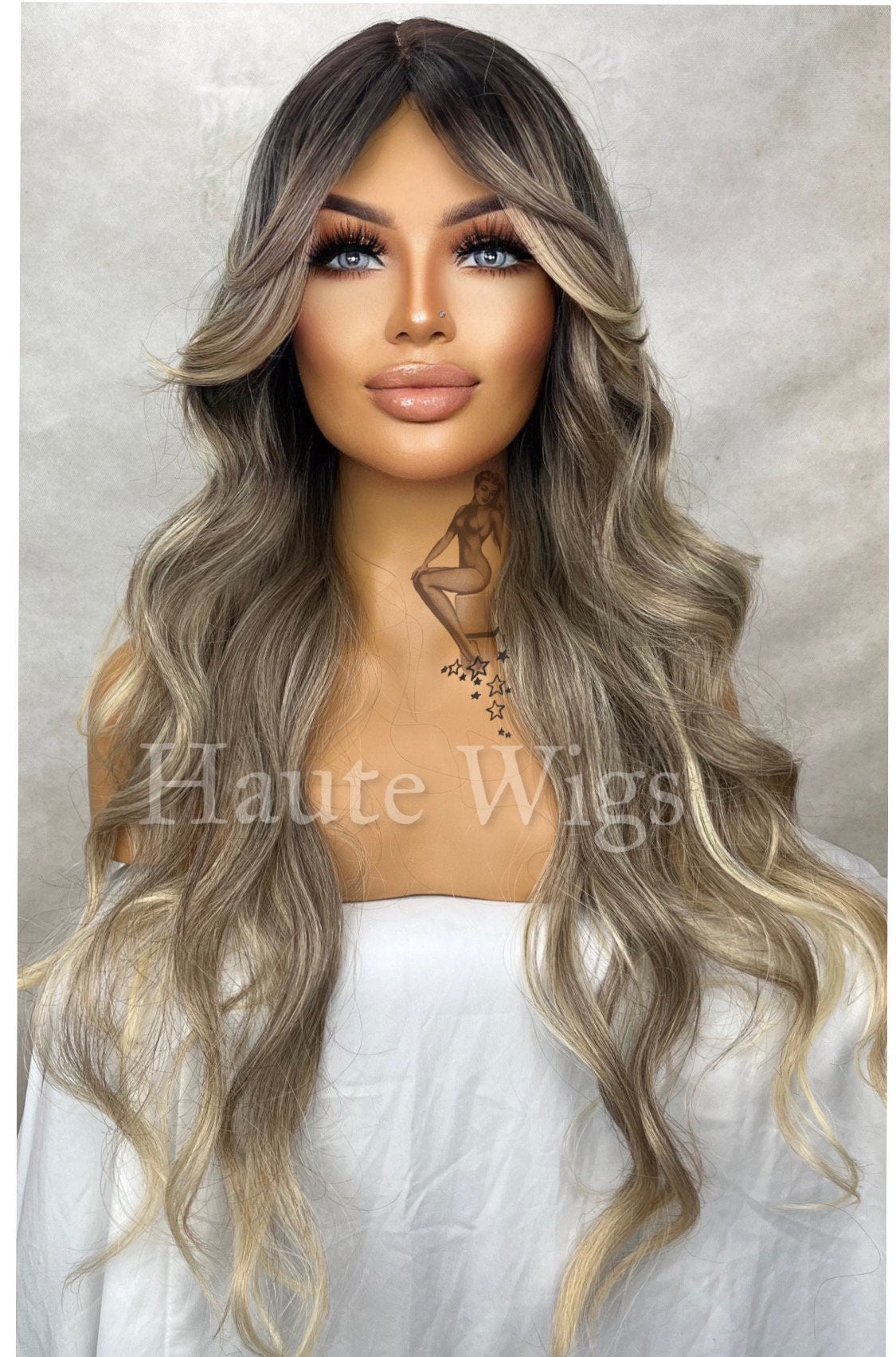 Pin up Model - Wavy 24 inch Light COOL Tone Ash Blonde Wig ombré Womens Long Wig Lace Front Realistic Old Hollywood Ladies gift