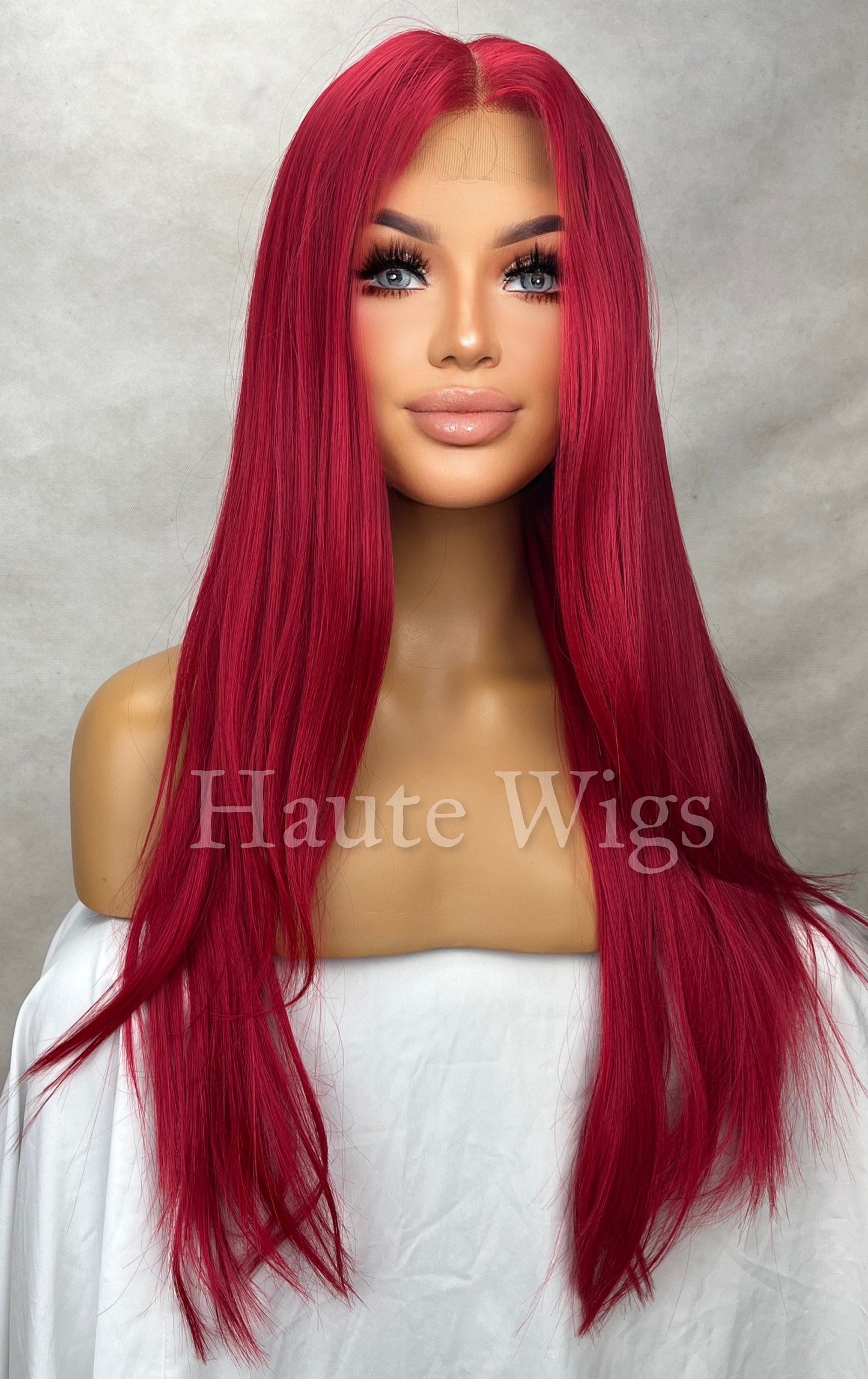 Cherry Sucker - 26 Inch Bright Red Wig Long Straight Womens Wig Human Hair Blends Lace Front Wigs Center Parting Realistic