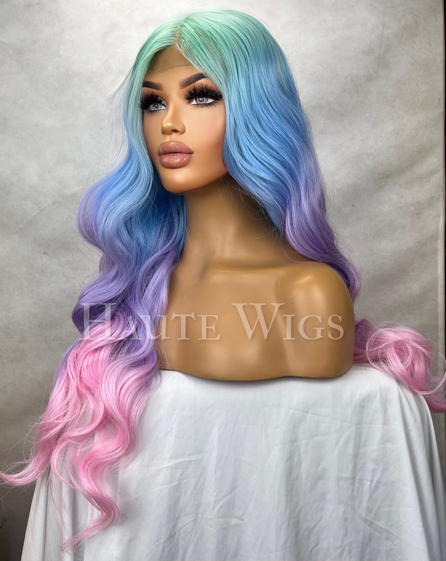 Barbie Unicorn - Lace 32 Inch Bright Green Blue Pink streaks Wig Bangs Fringe Wig Lace Front Wavy Curly Wigs Ladies