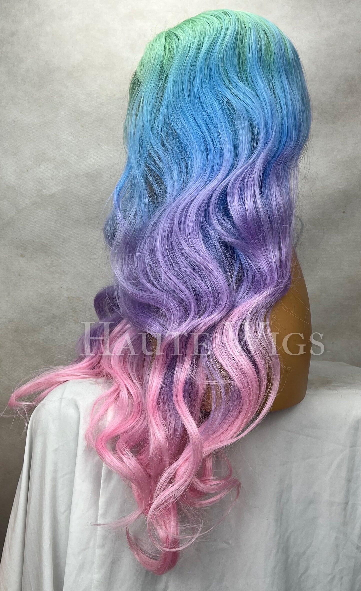 Barbie Unicorn - Lace 32 Inch Bright Green Blue Pink streaks Wig Bangs Fringe Wig Lace Front Wavy Curly Wigs Ladies