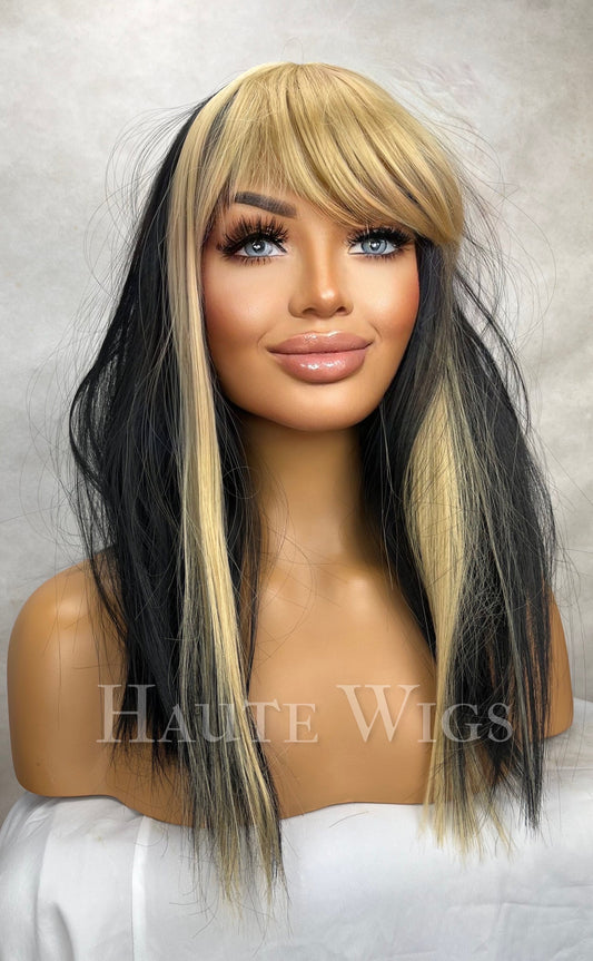 Hot mess - 20 Inch Long Womens Wig Black Brown | Golden Blonde Highlights Streaks Money Piece bangs fringe straight haute wigs role play