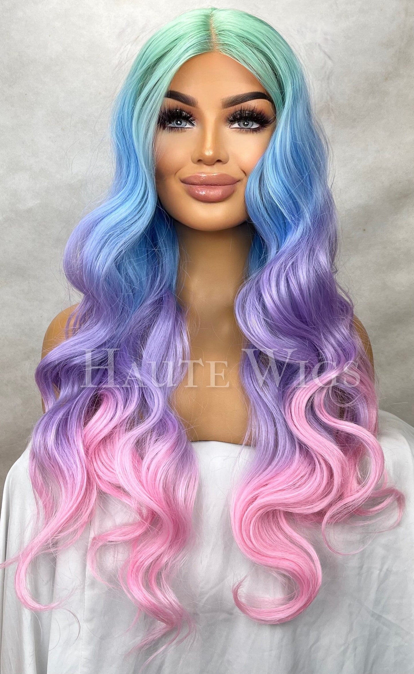 Barbie Unicorn - Lace 32 Inch Bright Green Blue Pink streaks Wig Bangs Fringe Wig Lace Front Wavy Curly Wigs Ladies