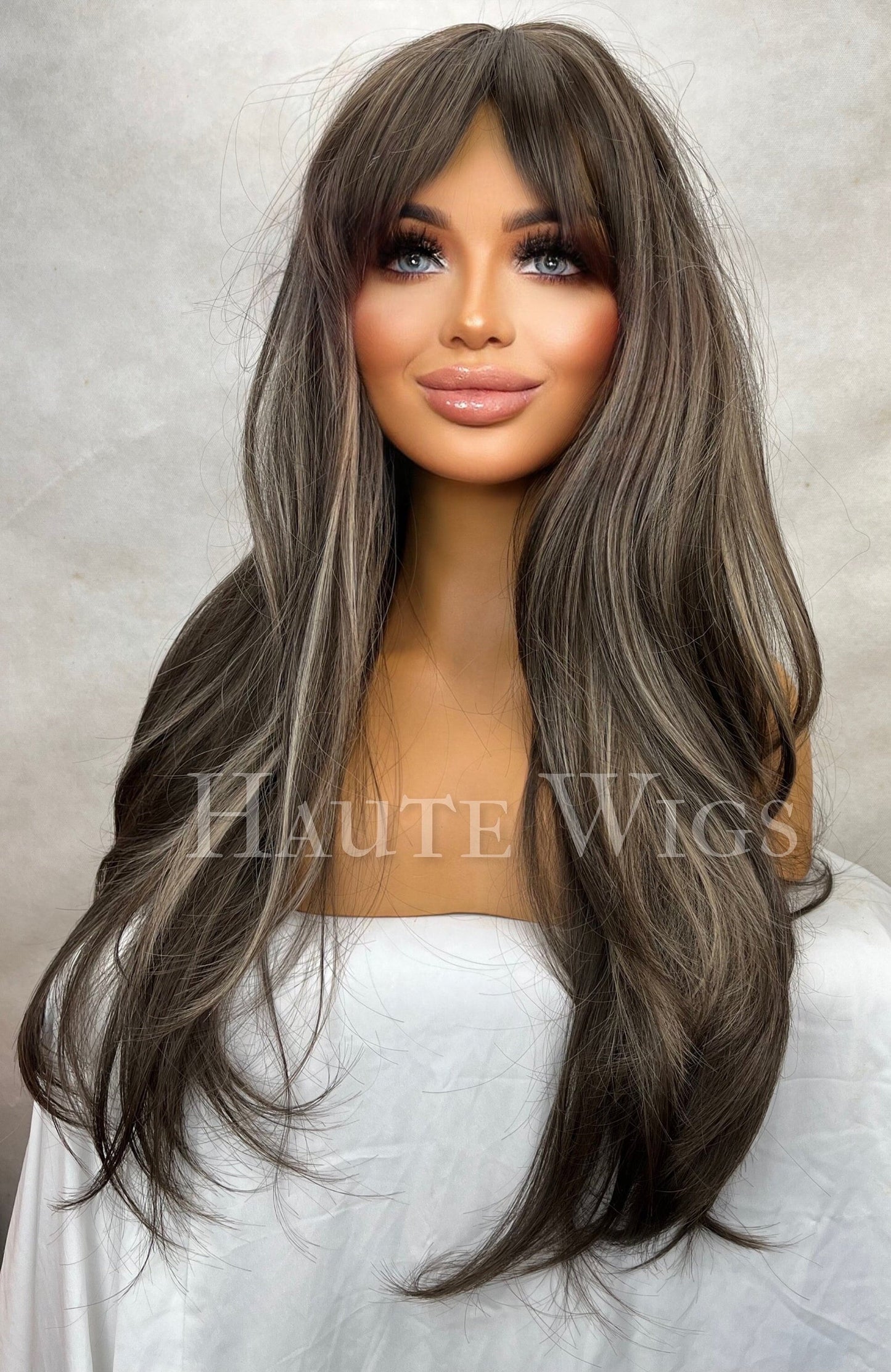 Boudoir - Darkest Brown & Sunkissed Light Blonde white Highlights Streaks Balayage with Bangs Fringe Layered NO Lace Front Straight Layered