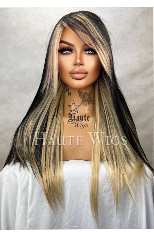 Bad B!tch 24 inch Black & Yellow Blonde Wig Streaks highlights Hair Fringe Bangs  Gift for her Role Play Emo or Everyday Haute wigs goth