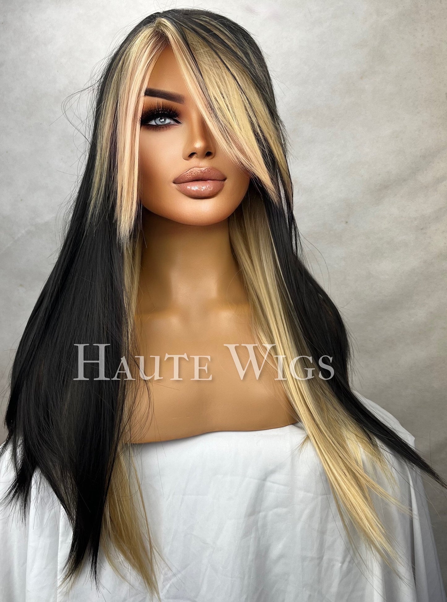 Bad B!tch 24 inch Black & Yellow Blonde Wig Streaks highlights Hair Fringe Bangs  Gift for her Role Play Emo or Everyday Haute wigs goth