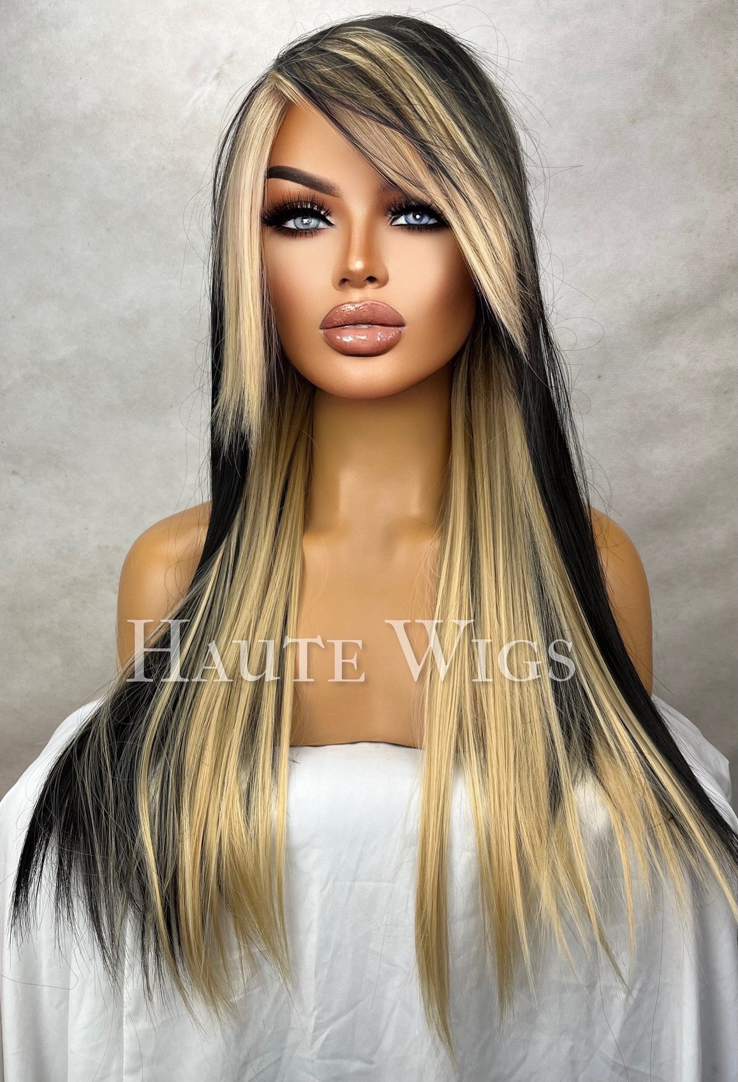 Bad B!tch 24 inch Black & Yellow Blonde Wig Streaks highlights Hair Fringe Bangs  Gift for her Role Play Emo or Everyday Haute wigs goth