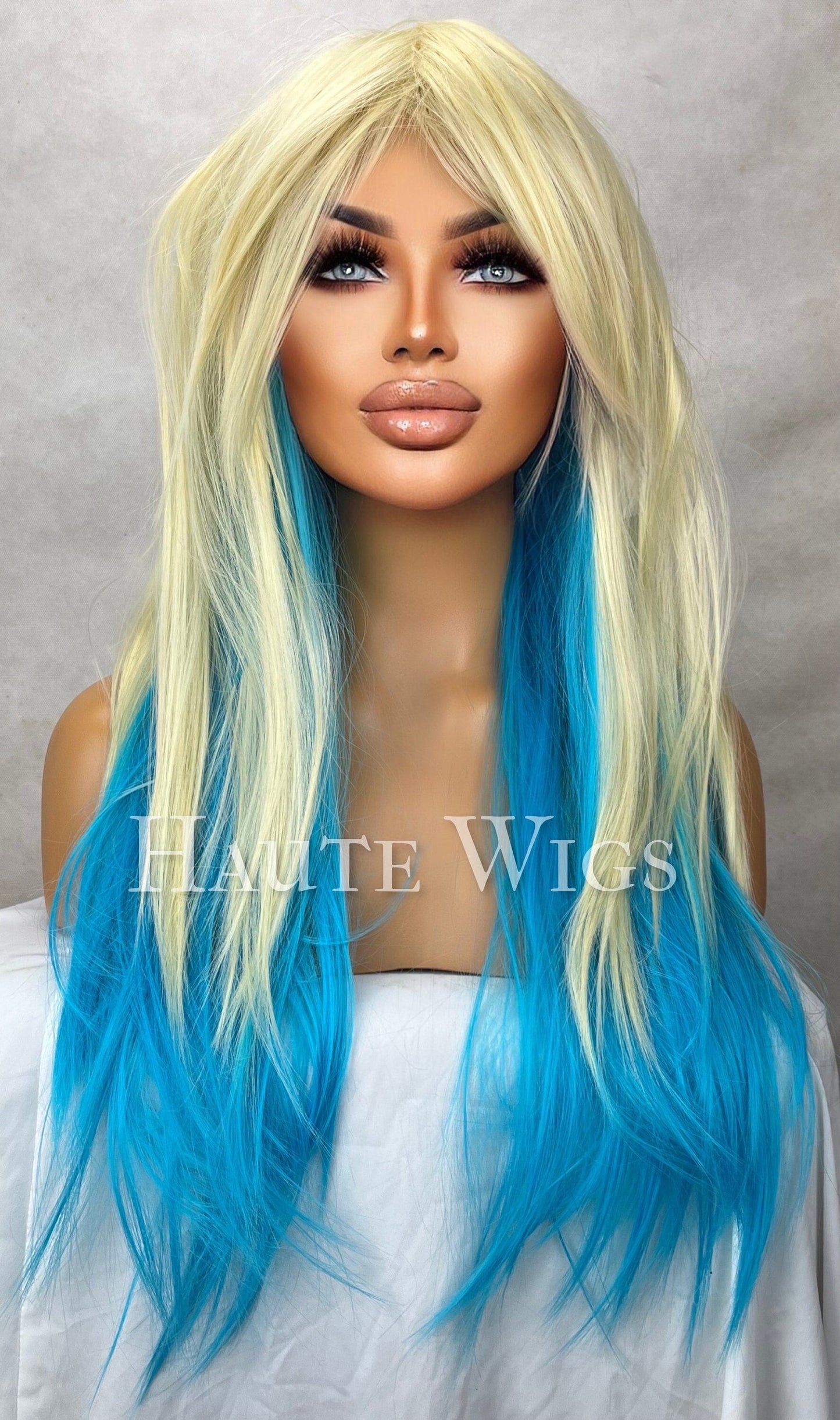 Sassy 24 inch Bright blue & Yellow Blonde Wig Streaks highlights Hair Fringe Bangs sexy Gift for Role Play Emo goth Everyday Haute wigs