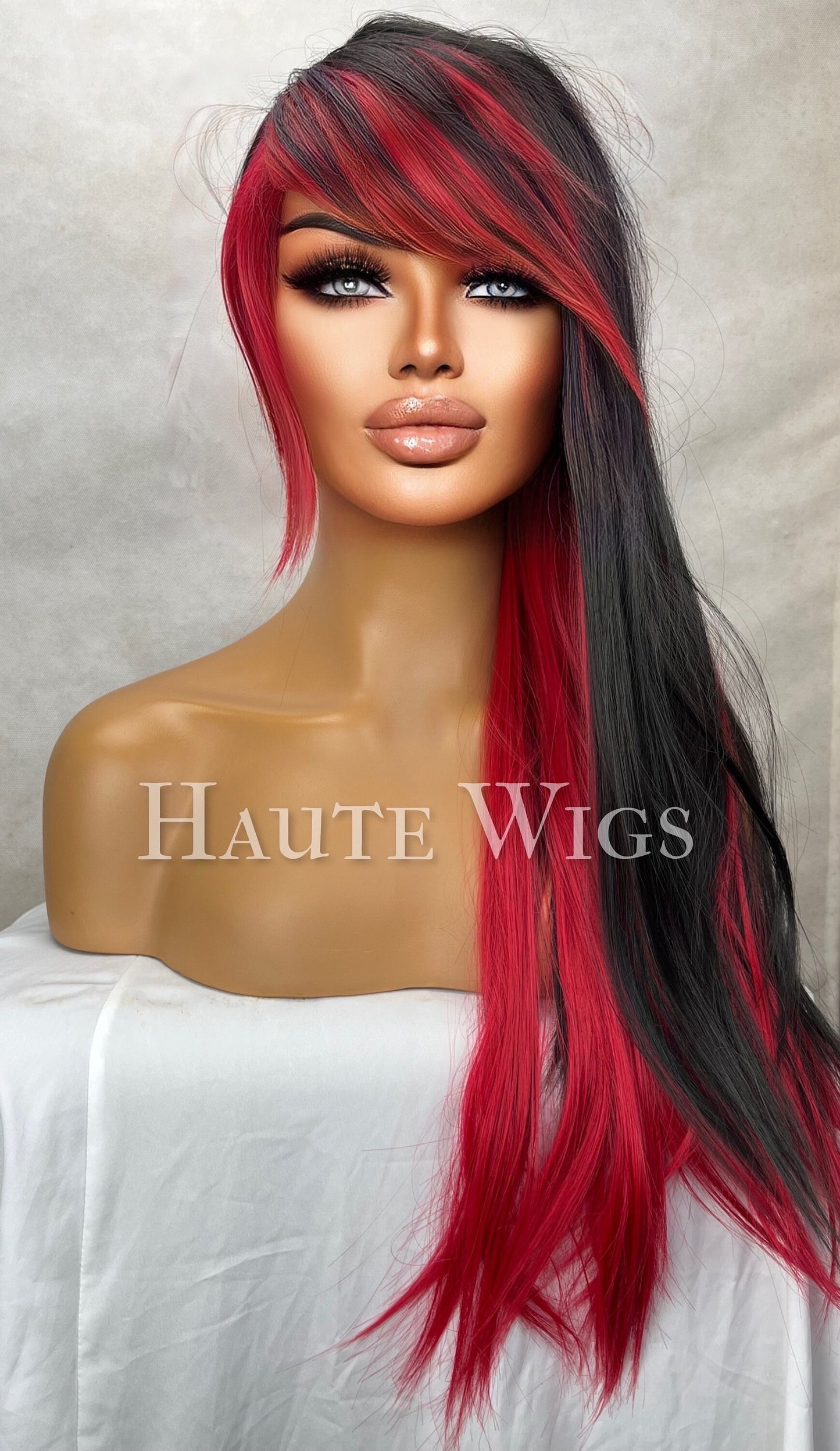 Radar - 26 Inch Black & Bright Red highlights streaks Wig Long Straight Layered Womens Wig Haute wigs Role Play Emo hair