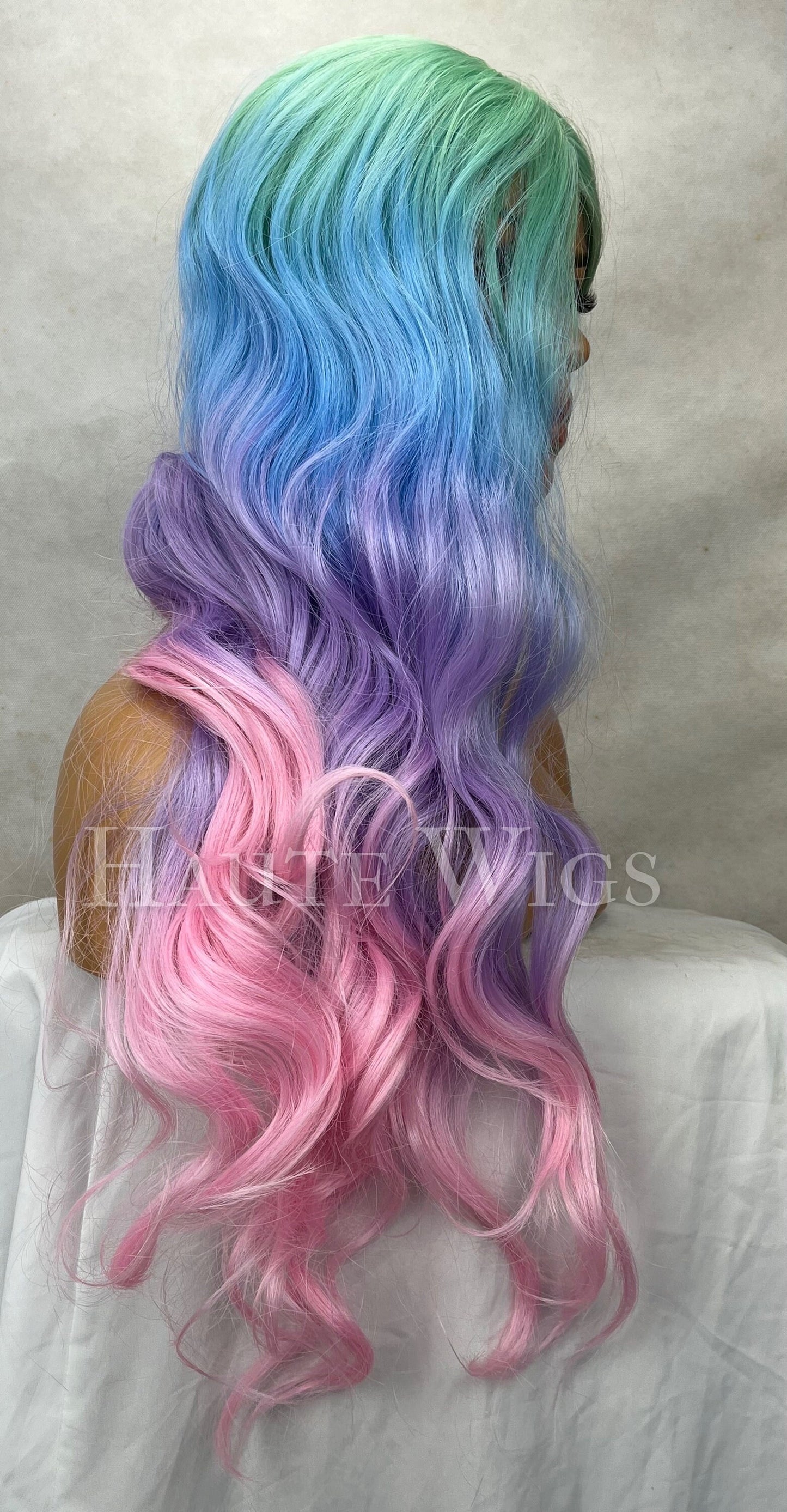 Barbie Unicorn - Lace 32 Inch Bright Green Blue Pink streaks Wig Bangs Fringe Wig Lace Front Wavy Curly Wigs Ladies