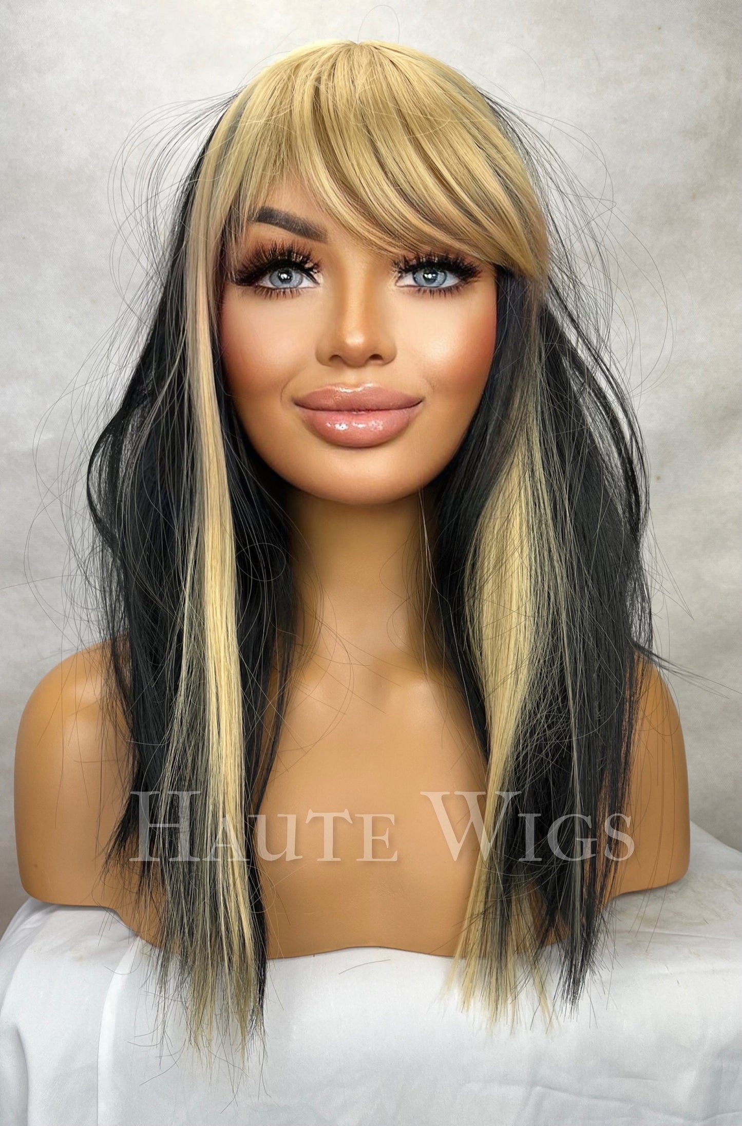 Hot mess - 20 Inch Long Womens Wig Black Brown | Golden Blonde Highlights Streaks Money Piece bangs fringe straight haute wigs role play