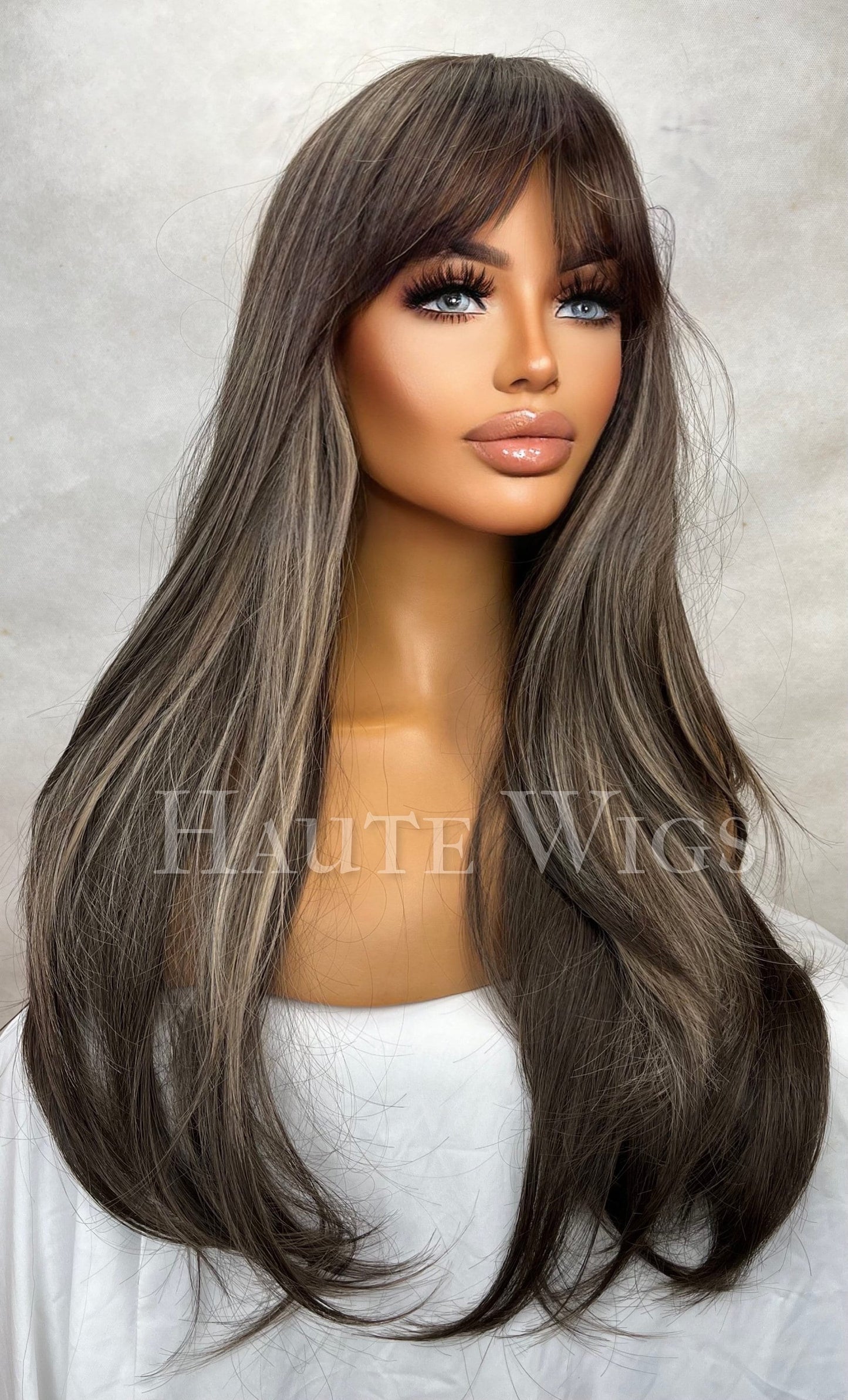 Boudoir - Darkest Brown & Sunkissed Light Blonde white Highlights Streaks Balayage with Bangs Fringe Layered NO Lace Front Straight Layered