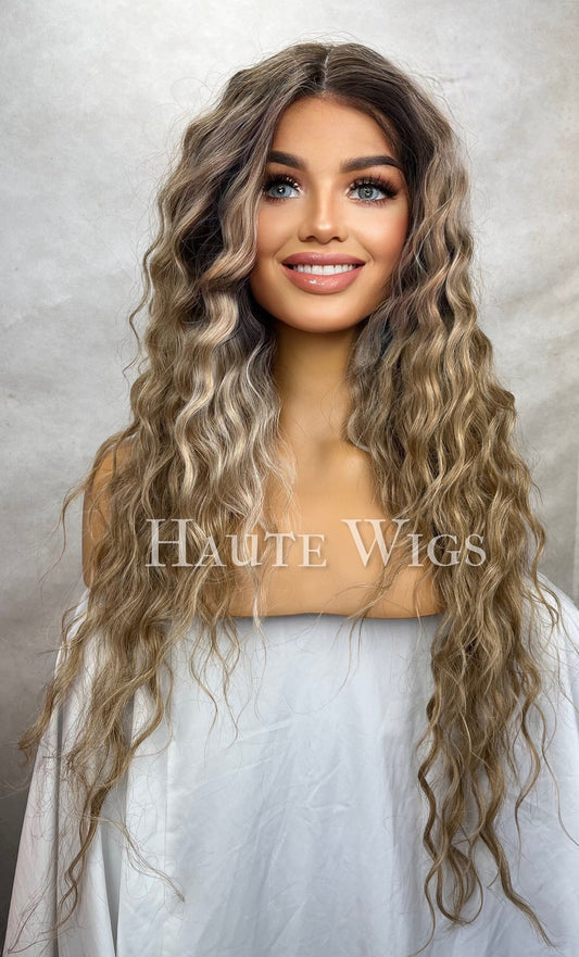 Waves don’t lie - Wig Dark Roots Ash Blonde Ombre Balayage Curly Lace Front Wavy Human Hair Blends Wigs Gift For Her