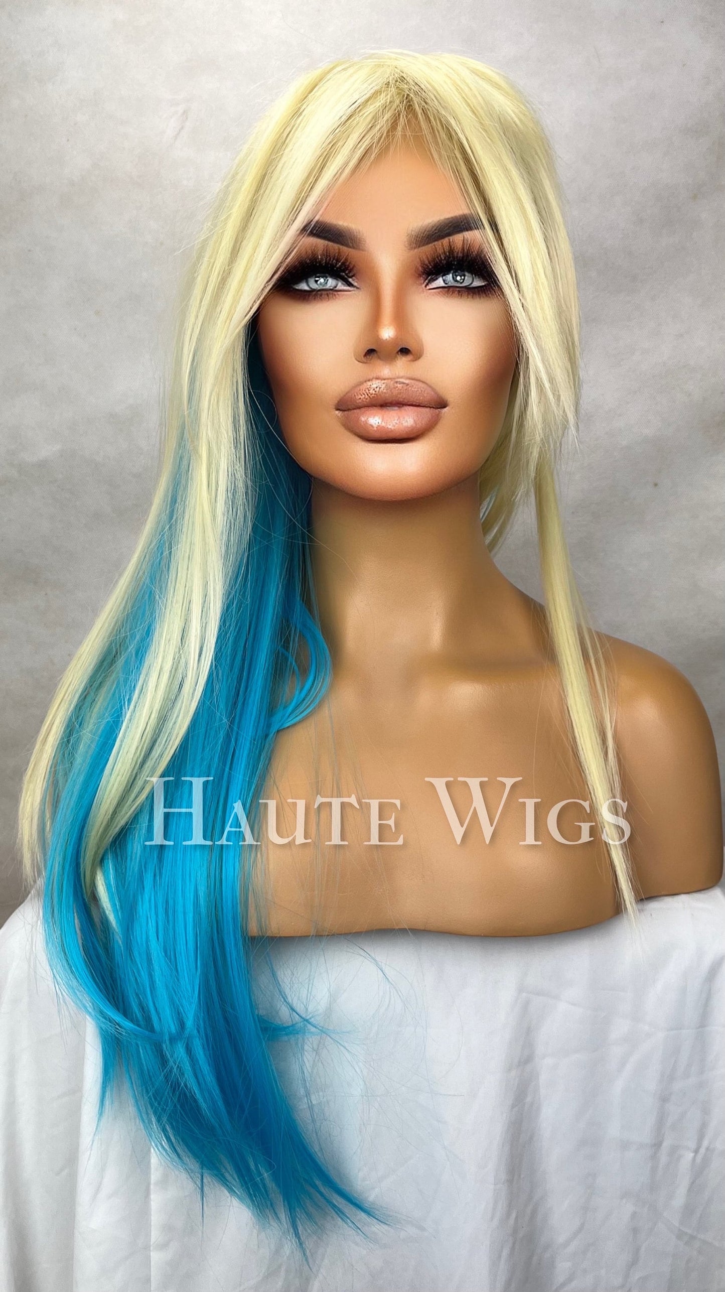 Sassy 24 inch Bright blue & Yellow Blonde Wig Streaks highlights Hair Fringe Bangs sexy Gift for Role Play Emo goth Everyday Haute wigs