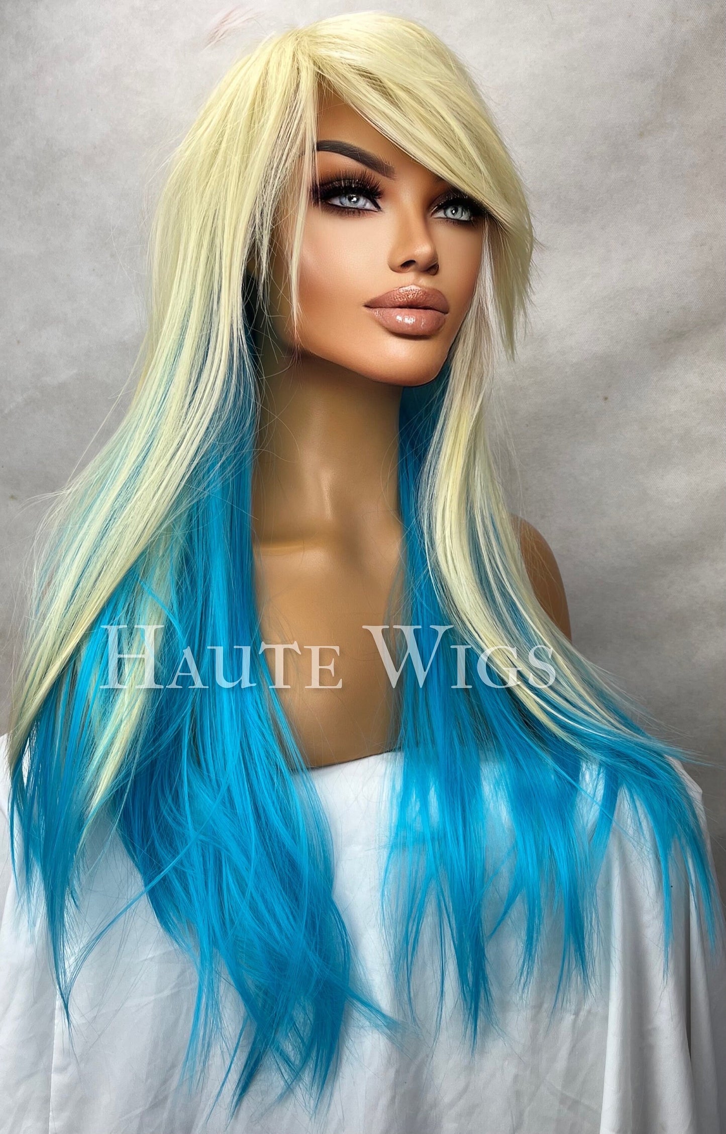 Sassy 24 inch Bright blue & Yellow Blonde Wig Streaks highlights Hair Fringe Bangs sexy Gift for Role Play Emo goth Everyday Haute wigs