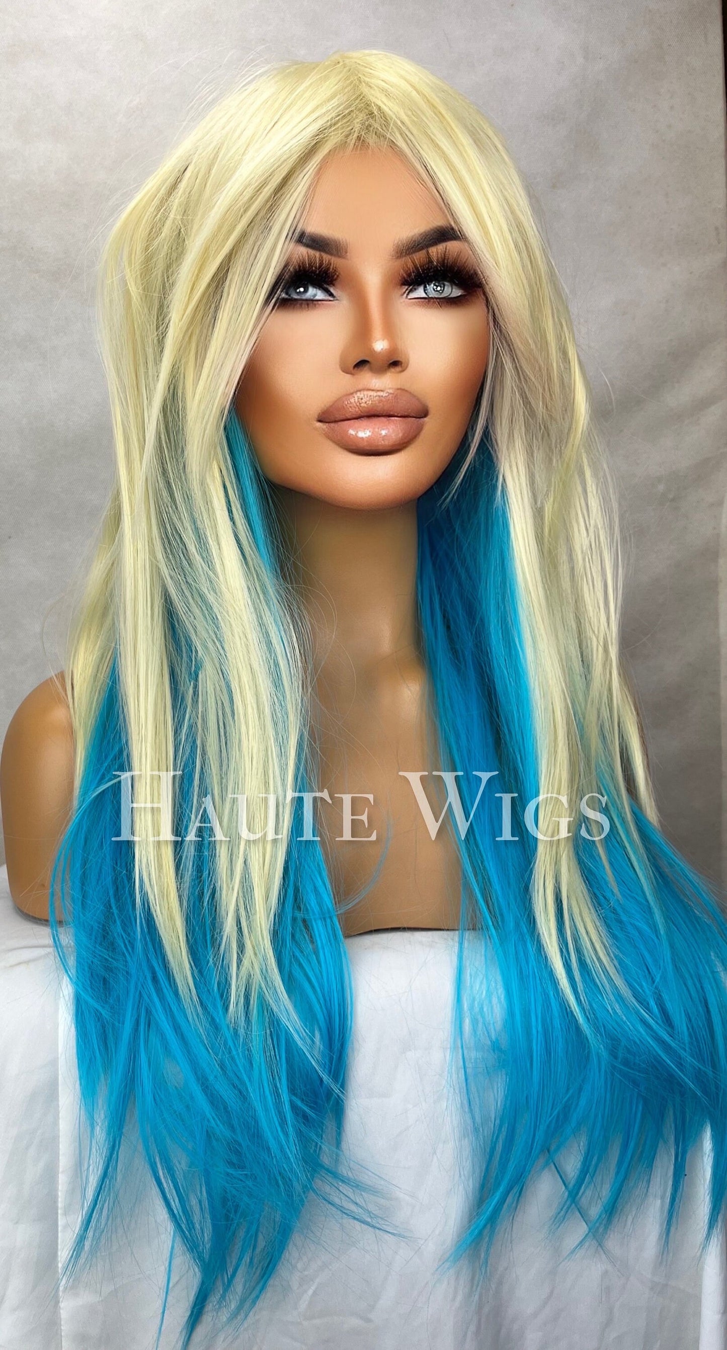 Sassy 24 inch Bright blue & Yellow Blonde Wig Streaks highlights Hair Fringe Bangs sexy Gift for Role Play Emo goth Everyday Haute wigs