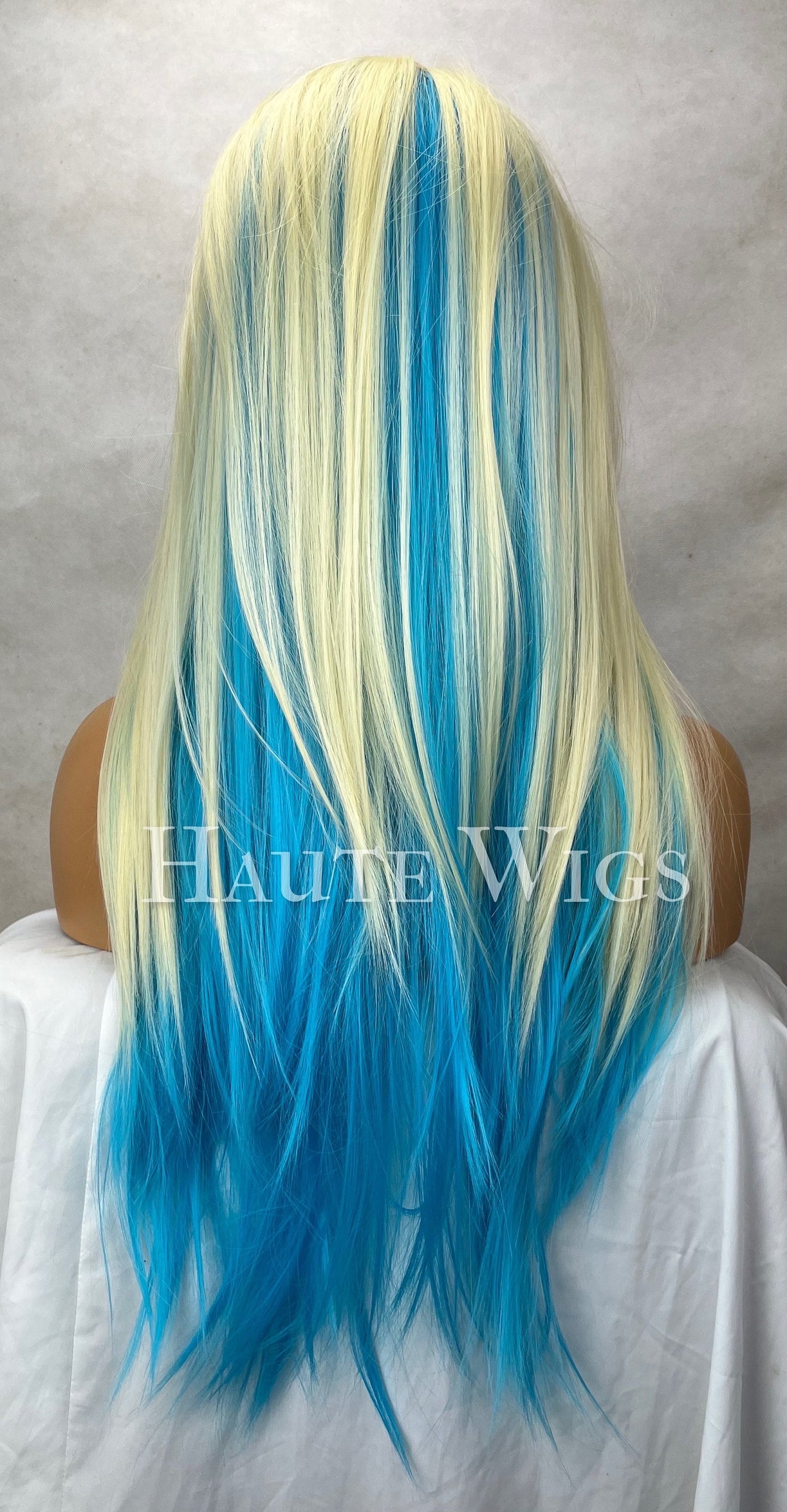 Sassy 24 inch Bright blue & Yellow Blonde Wig Streaks highlights Hair Fringe Bangs sexy Gift for Role Play Emo goth Everyday Haute wigs