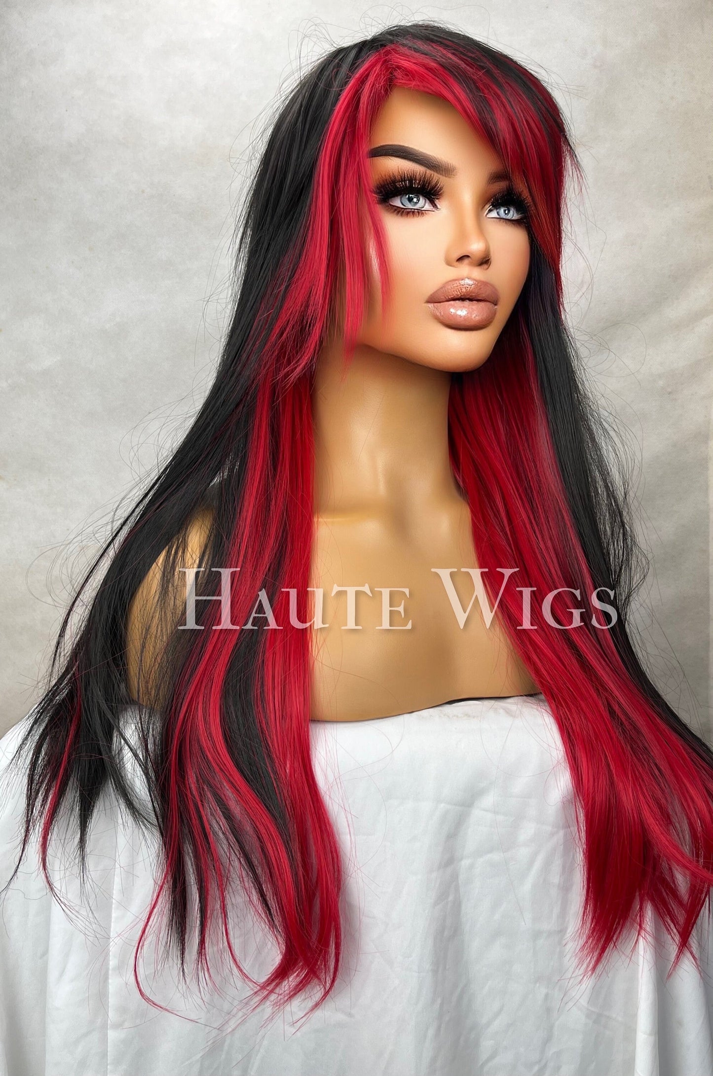 Radar - 26 Inch Black & Bright Red highlights streaks Wig Long Straight Layered Womens Wig Haute wigs Role Play Emo hair