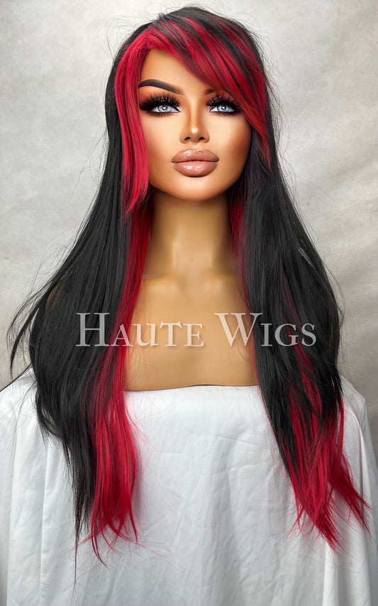 Radar - 26 Inch Black & Bright Red highlights streaks Wig Long Straight Layered Womens Wig Haute wigs Role Play Emo hair