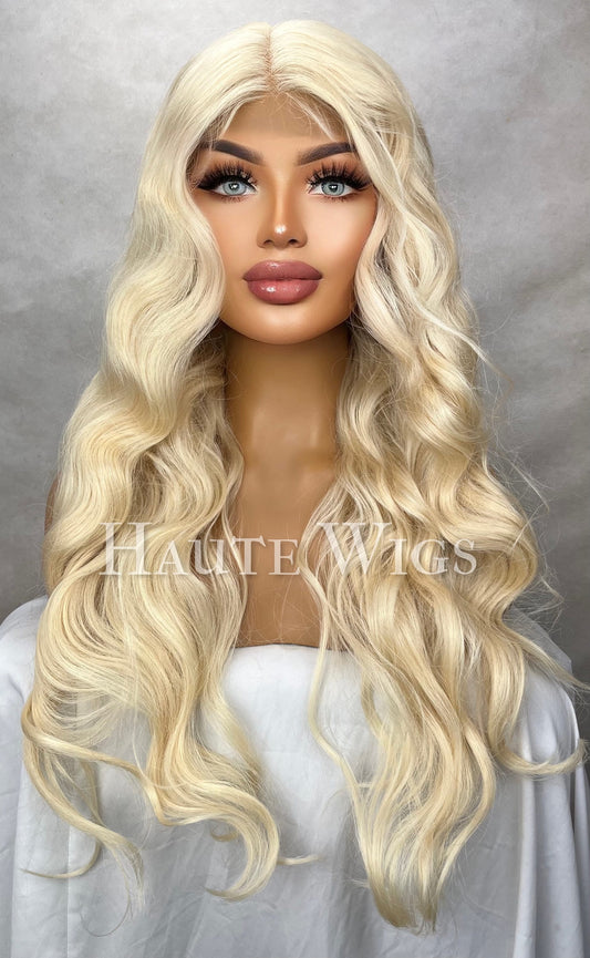 Starlet - 613 Light beige Blonde Wig Lace Front peroxide Human Hair blends Curly Deep Body Wave Wet Wavy everyday Gift for her Haute wigs