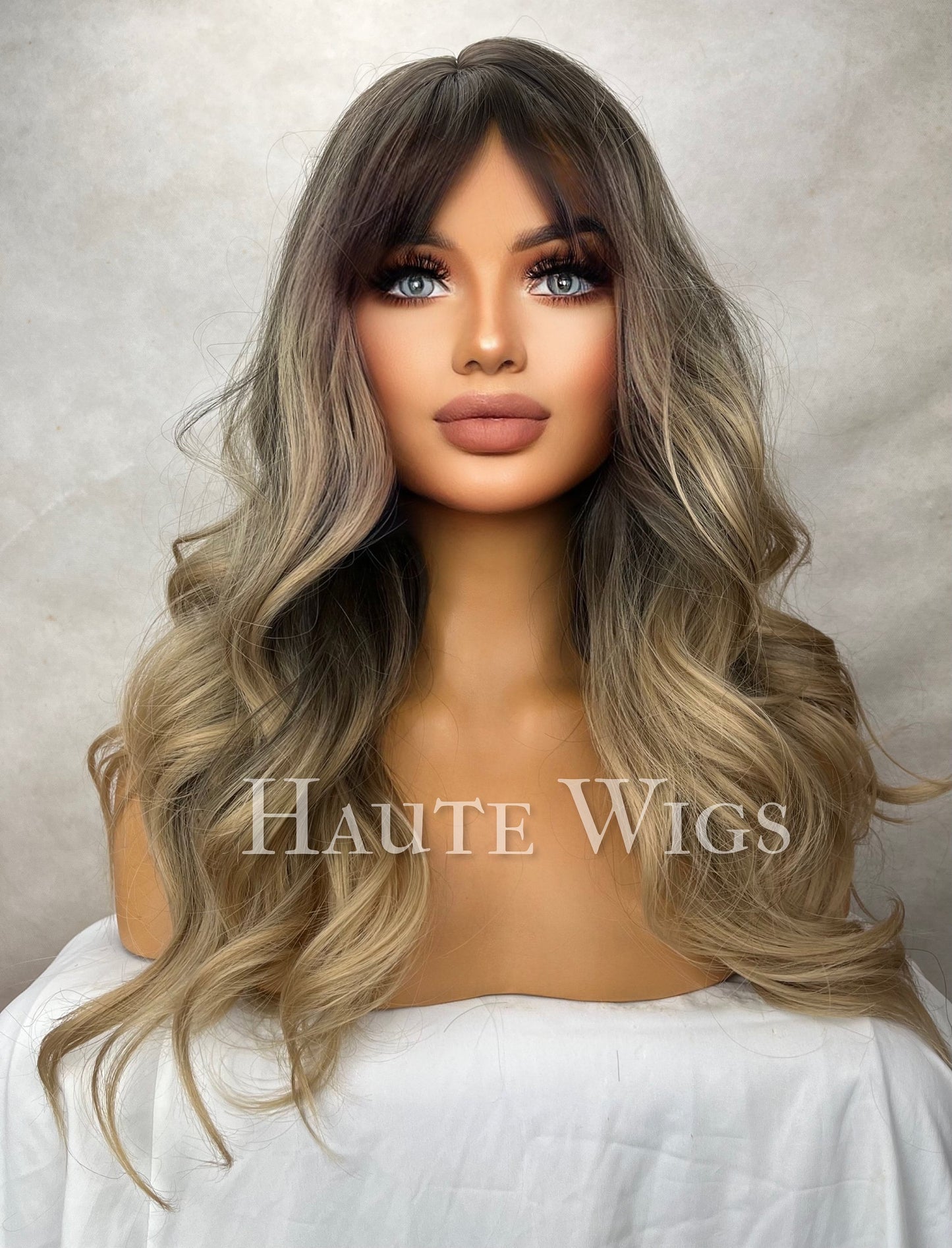 Gentle Love - Ash Blonde With Dark Brown Roots Balayage Highlights 20 Inch Wig Straight Layered NO Lace Front bangs Wig Gift for her