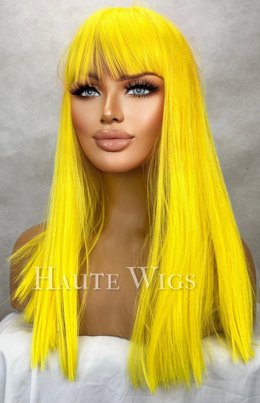 Citrus Appeal - Bright Lemon Yellow Hair Wig Fringe Bangs sexy Gift for Role Play Emo goth Everyday Haute wigs