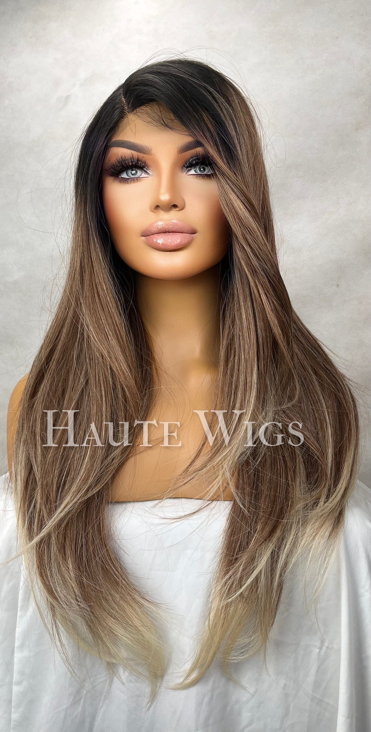 Flawlessly - Straight Layered Brunette Brown Wig Ash Blonde Highlights Hair Lace Front Straight Blonde Streaks Human Hair Blends