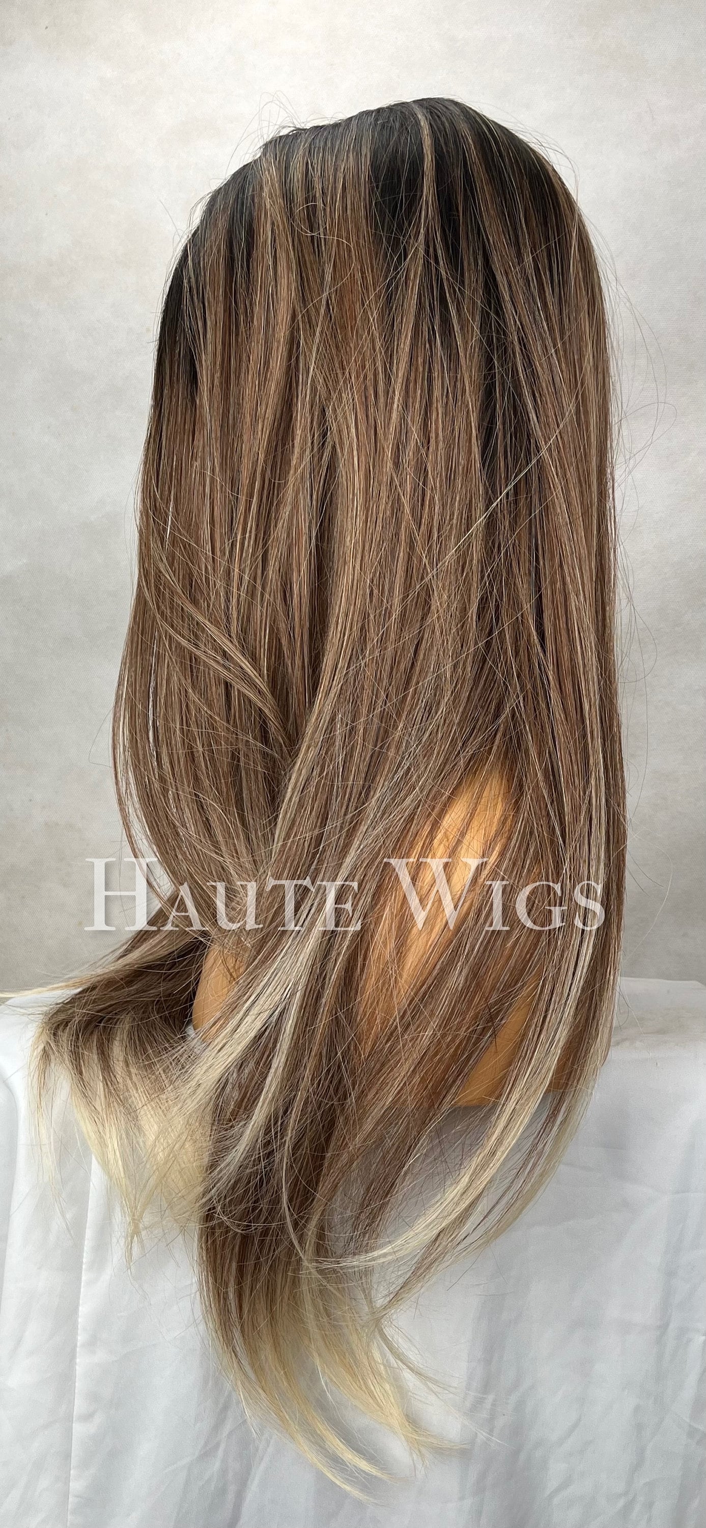 Flawlessly - Straight Layered Brunette Brown Wig Ash Blonde Highlights Hair Lace Front Straight Blonde Streaks Human Hair Blends